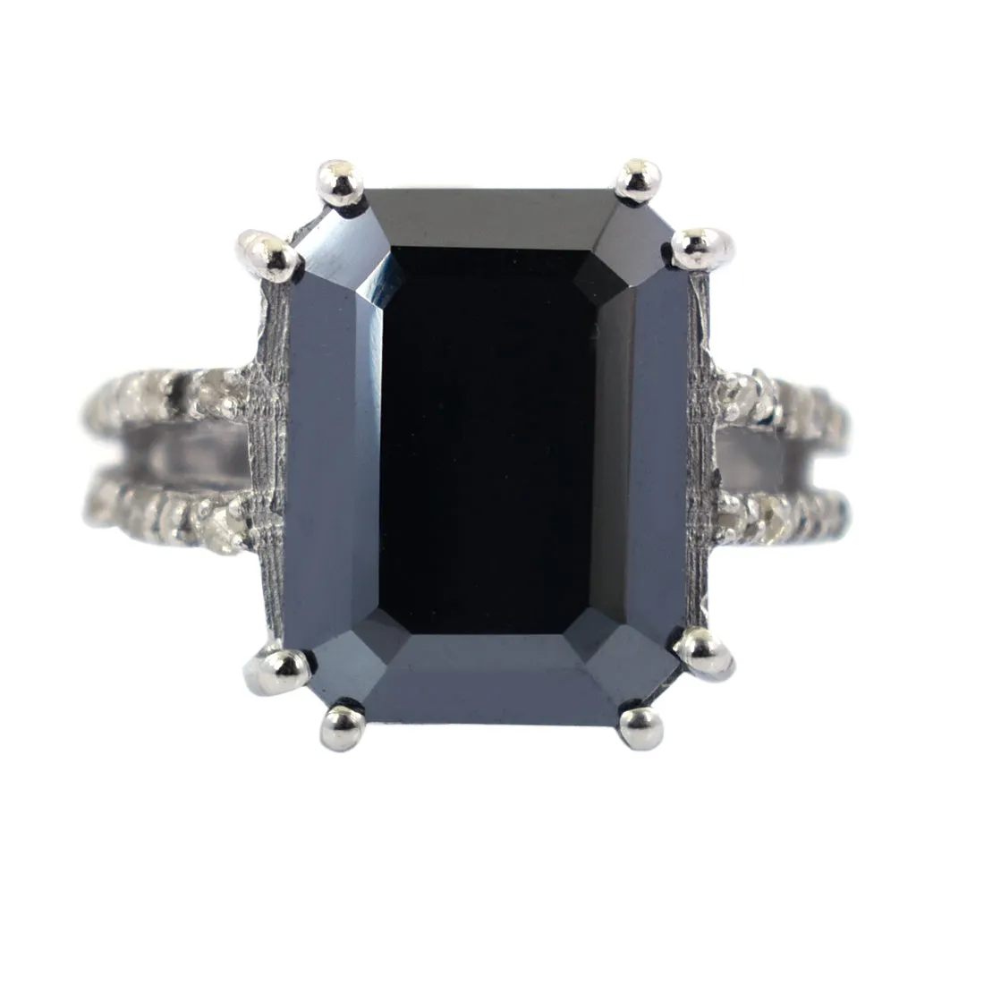 9.15 Ct Emerald Cut Black Diamond Designer Ring with Diamond Accents, Very Elegant & Great Sparkle
