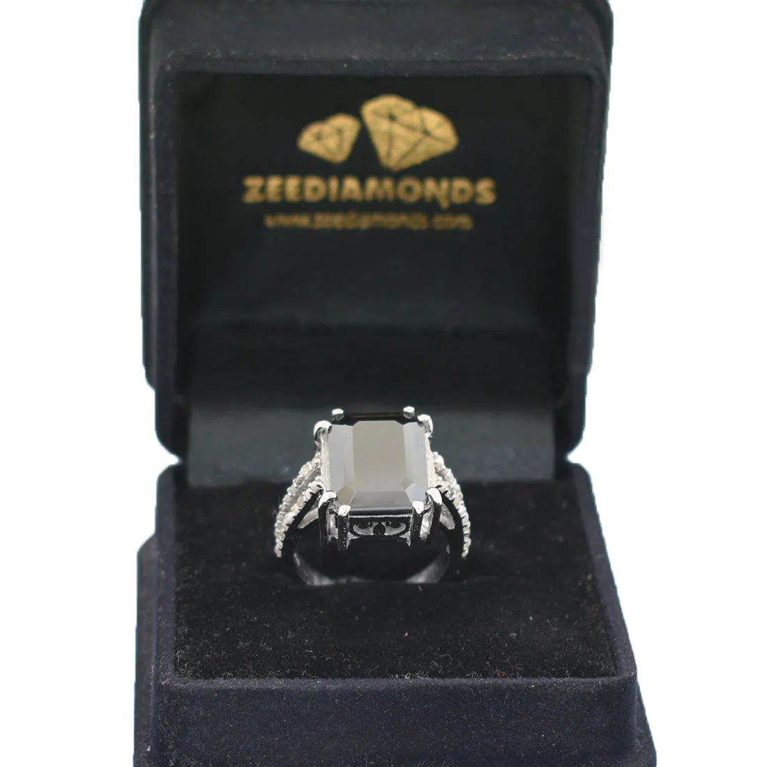 9.15 Ct Emerald Cut Black Diamond Designer Ring with Diamond Accents, Very Elegant & Great Sparkle