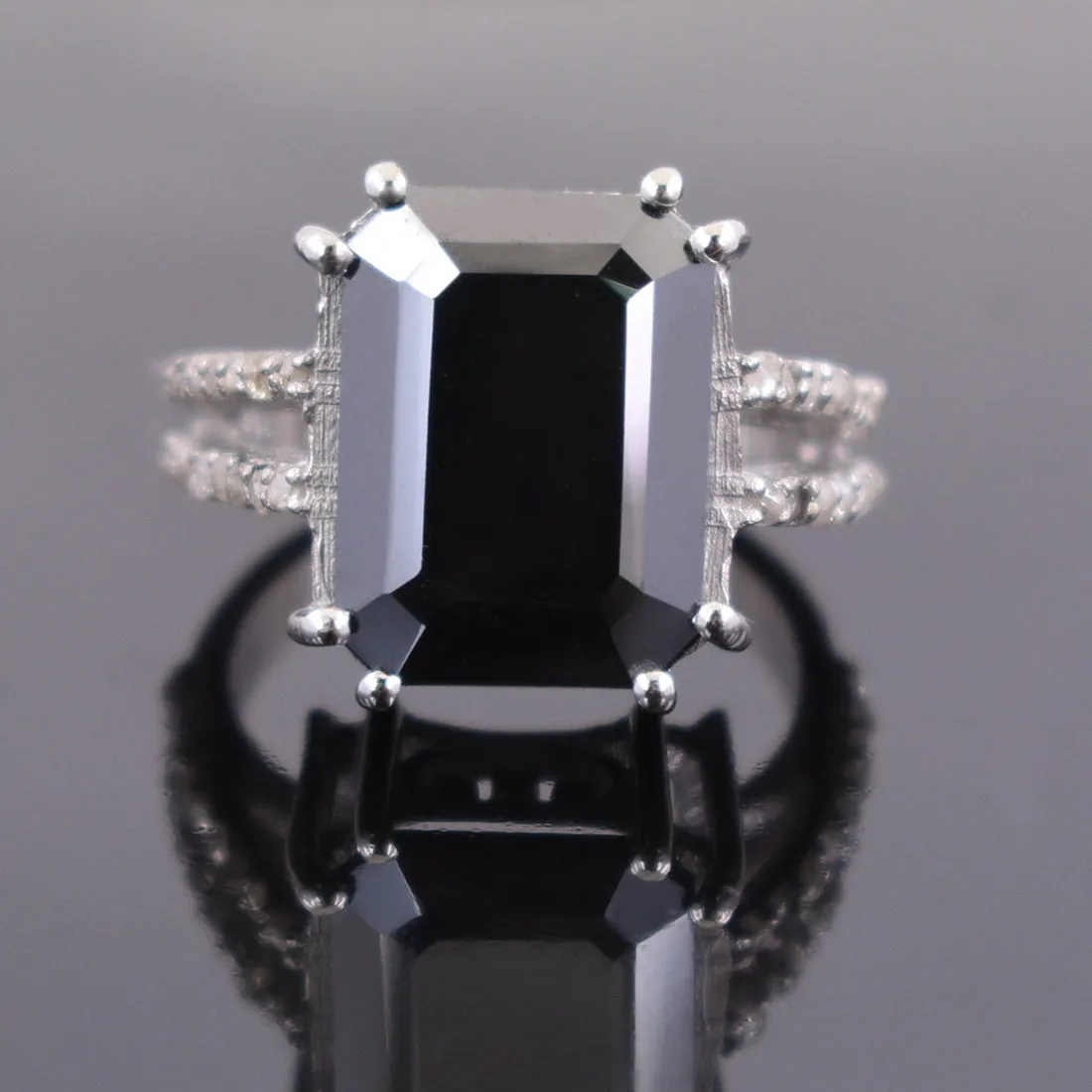 9.15 Ct Emerald Cut Black Diamond Designer Ring with Diamond Accents, Very Elegant & Great Sparkle