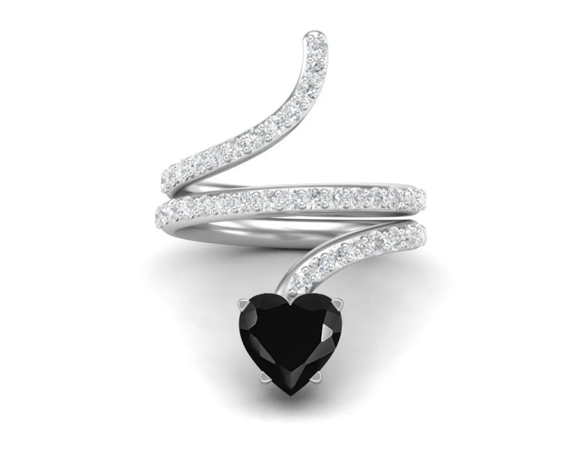925 Sterling Silver Black Spinel Wrap Bypass Snake Wedding Ring 7MM Heart Shaped Engagement Ring