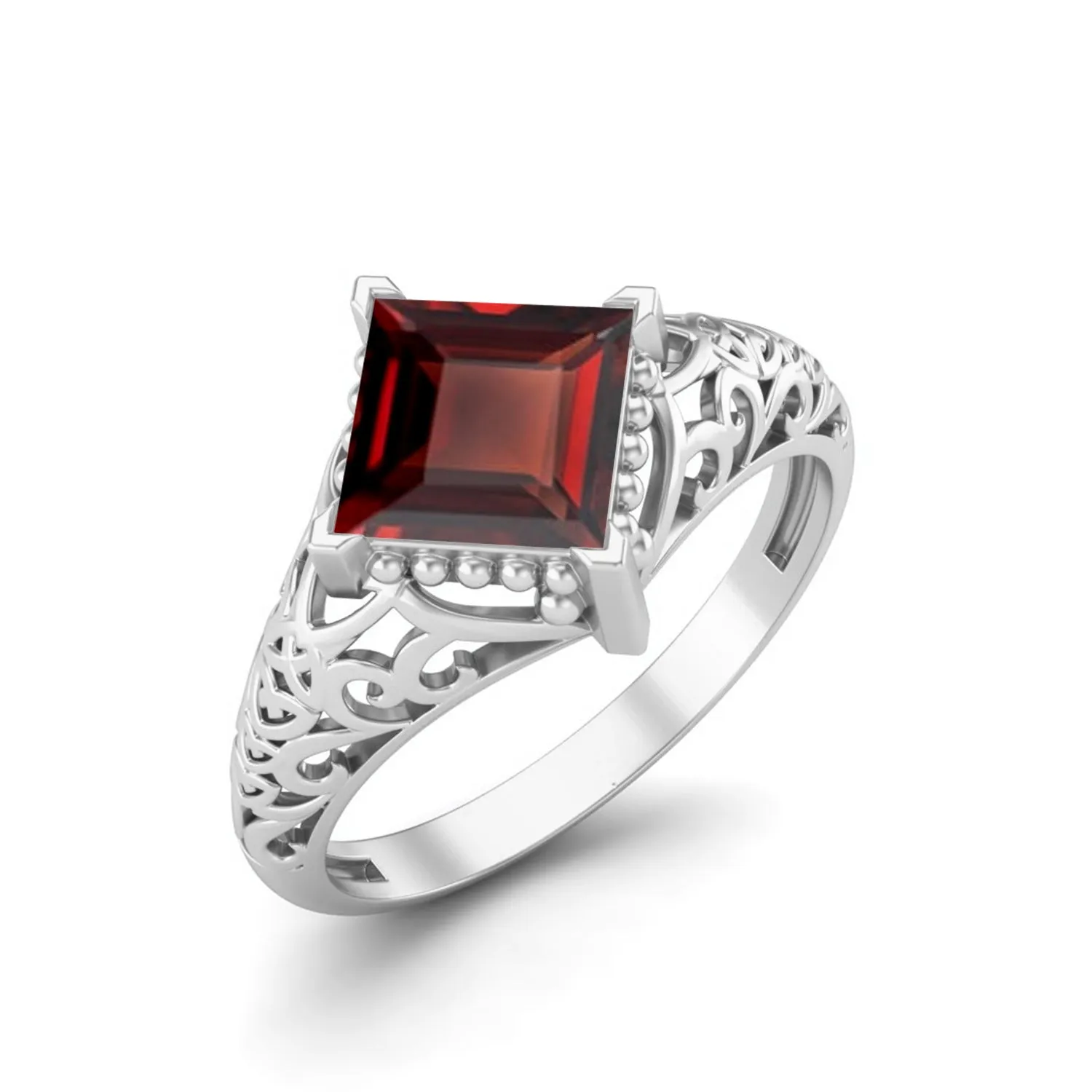 925 Sterling Silver Garnet Filigree Wedding Ring Unique Bridal Ring