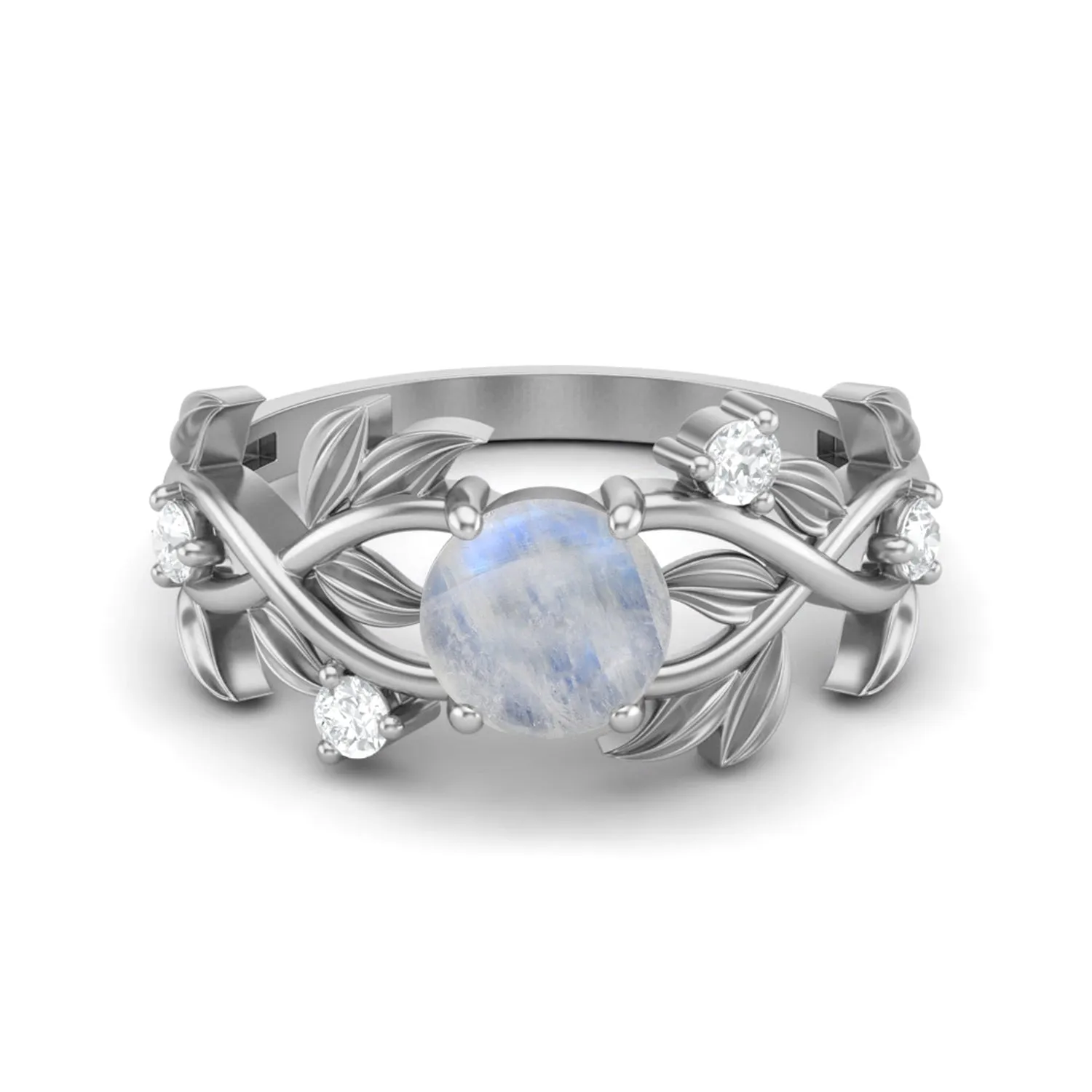 925 Sterling Silver Moonstone Wedding Ring Vintage Leaf Style Bridal Ring