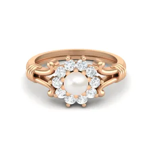 925 Sterling Silver Pearl Bridal Gift Ring Art Deco Wedding Ring