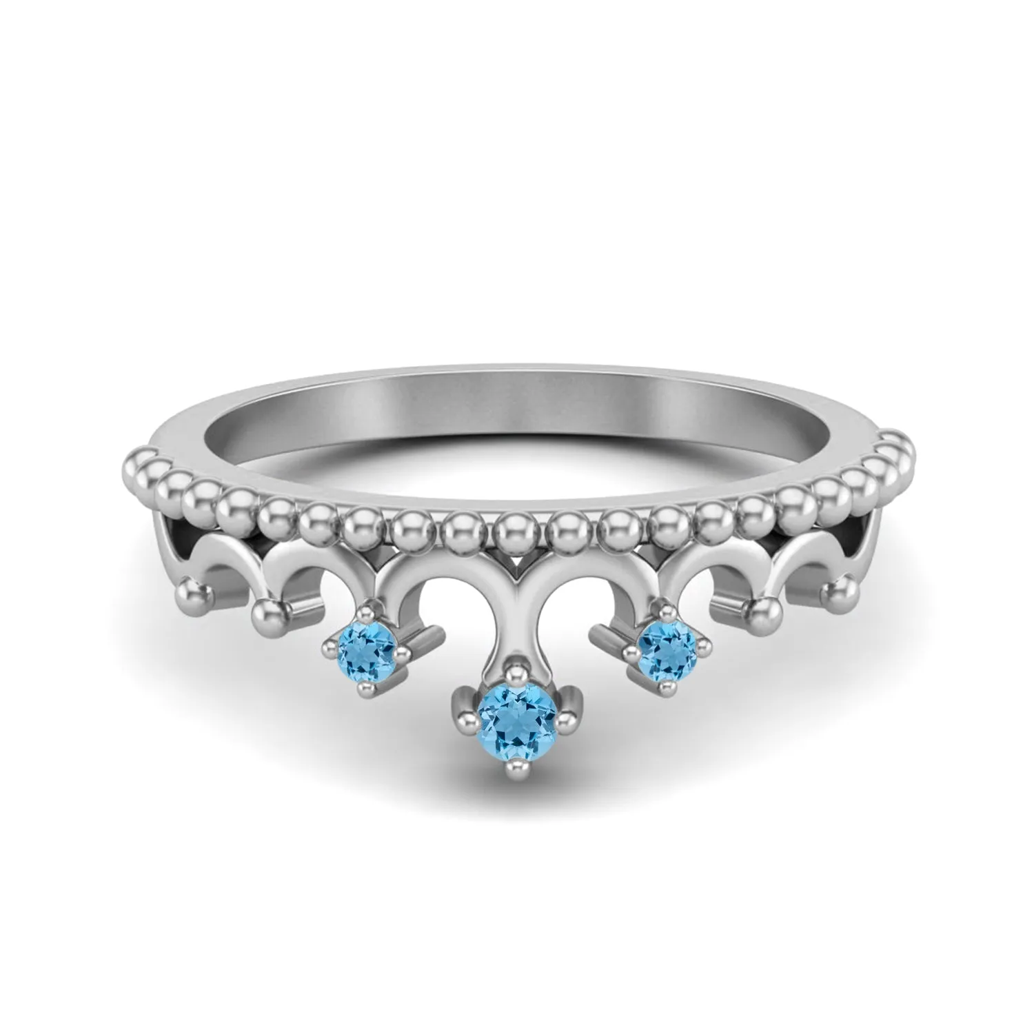 925 Sterling Silver Swiss Blue Topaz Bridal Promise Ring Women Crown Ring