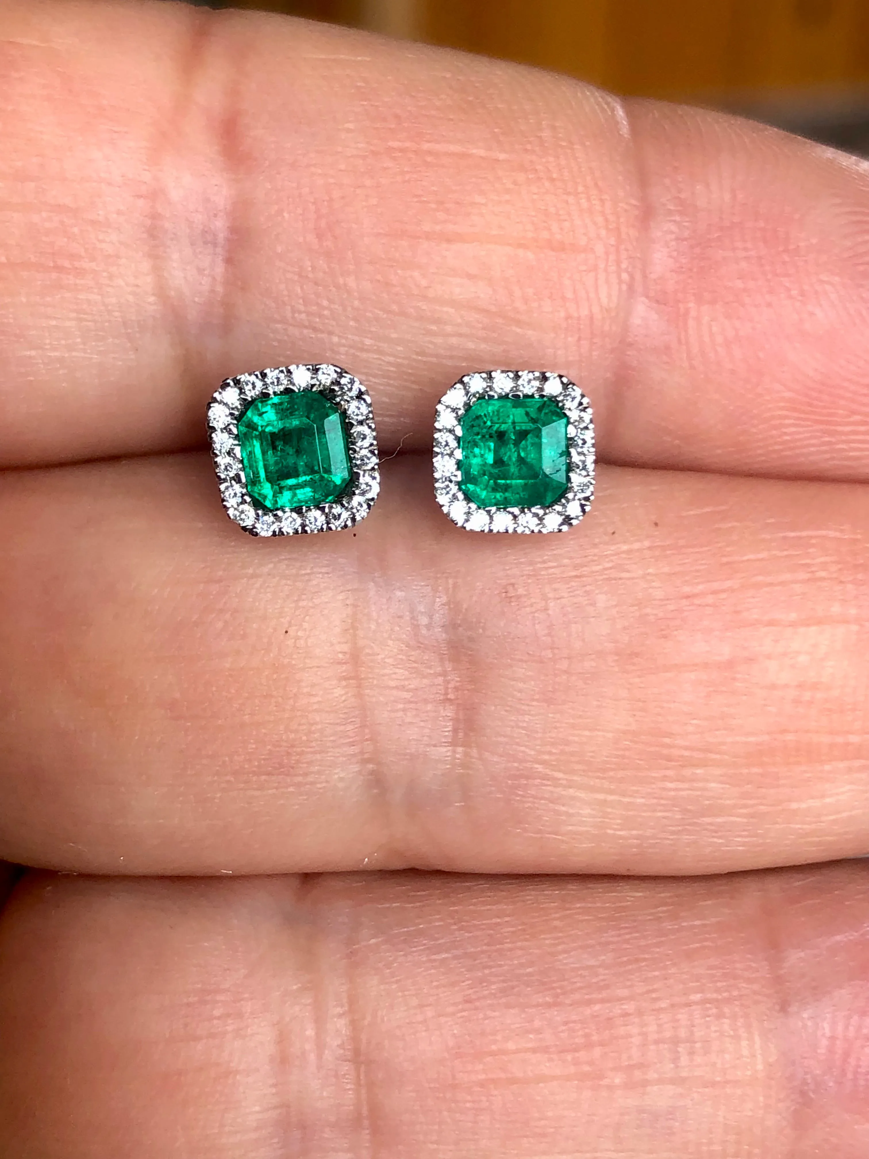 AAA Emerald Cut Colombian Emerald with Diamond Halo Stud Earrings