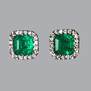 AAA Emerald Cut Colombian Emerald with Diamond Halo Stud Earrings