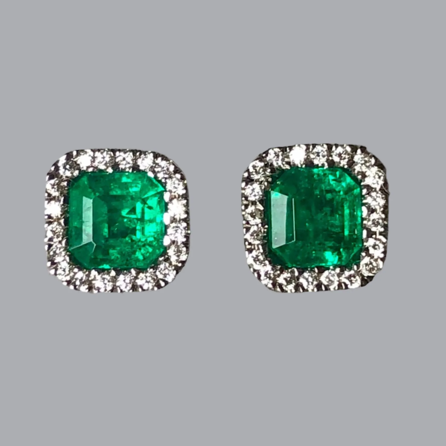 AAA Emerald Cut Colombian Emerald with Diamond Halo Stud Earrings