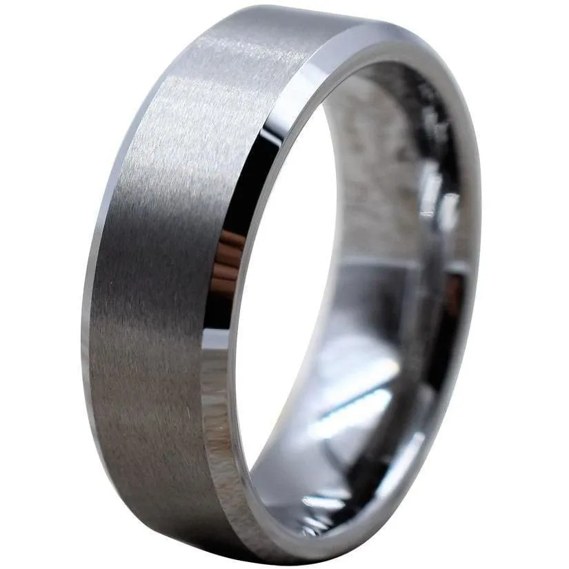 Adriel Tungsten Wedding Band With High Polished Beveled Edges & Brushed Center - 6mm & 8mm