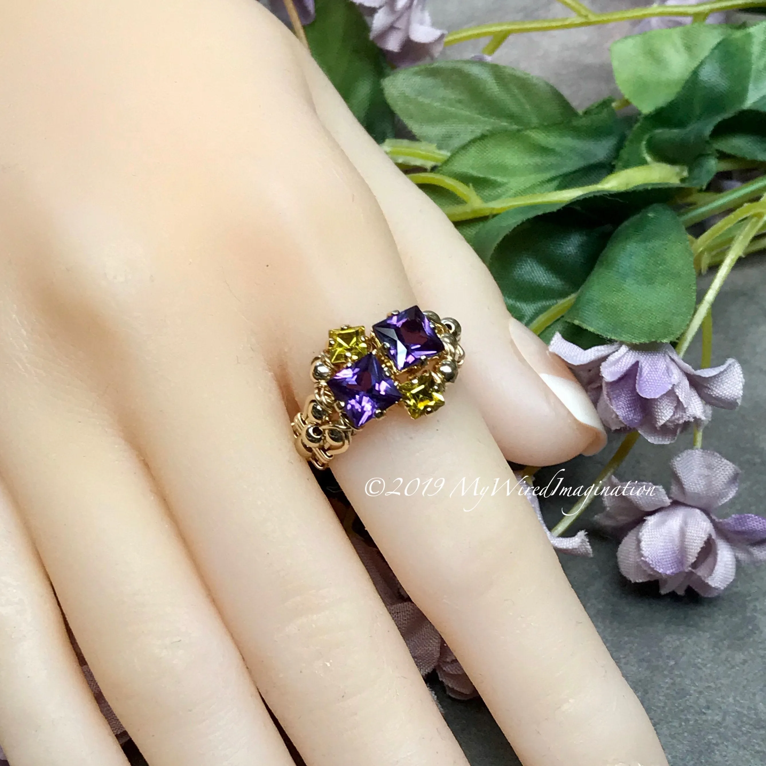 Alexandrite and Lime Squared, Multi-Stone Handmade Ring in 14K GF or Sterling Silver
