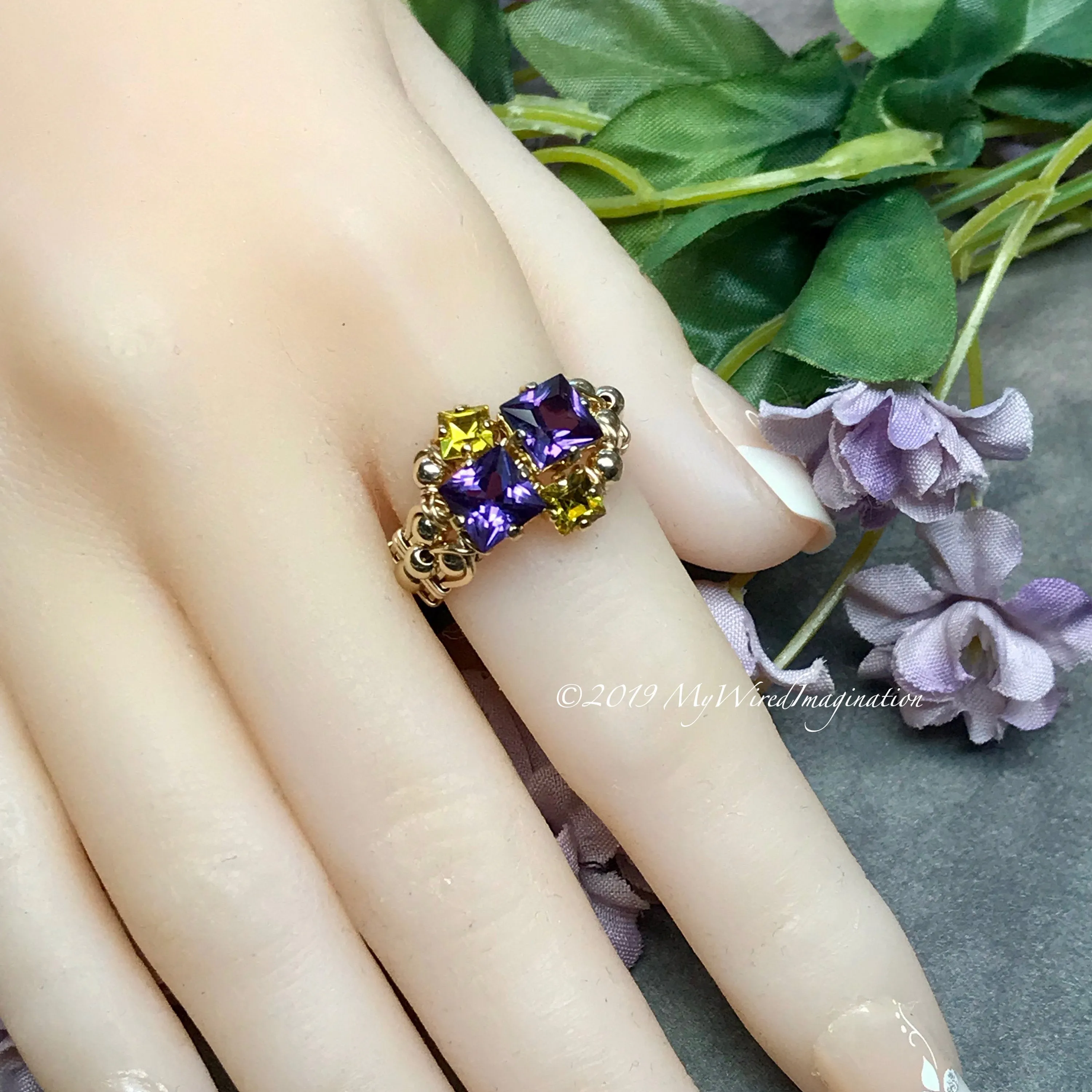 Alexandrite and Lime Squared, Multi-Stone Handmade Ring in 14K GF or Sterling Silver
