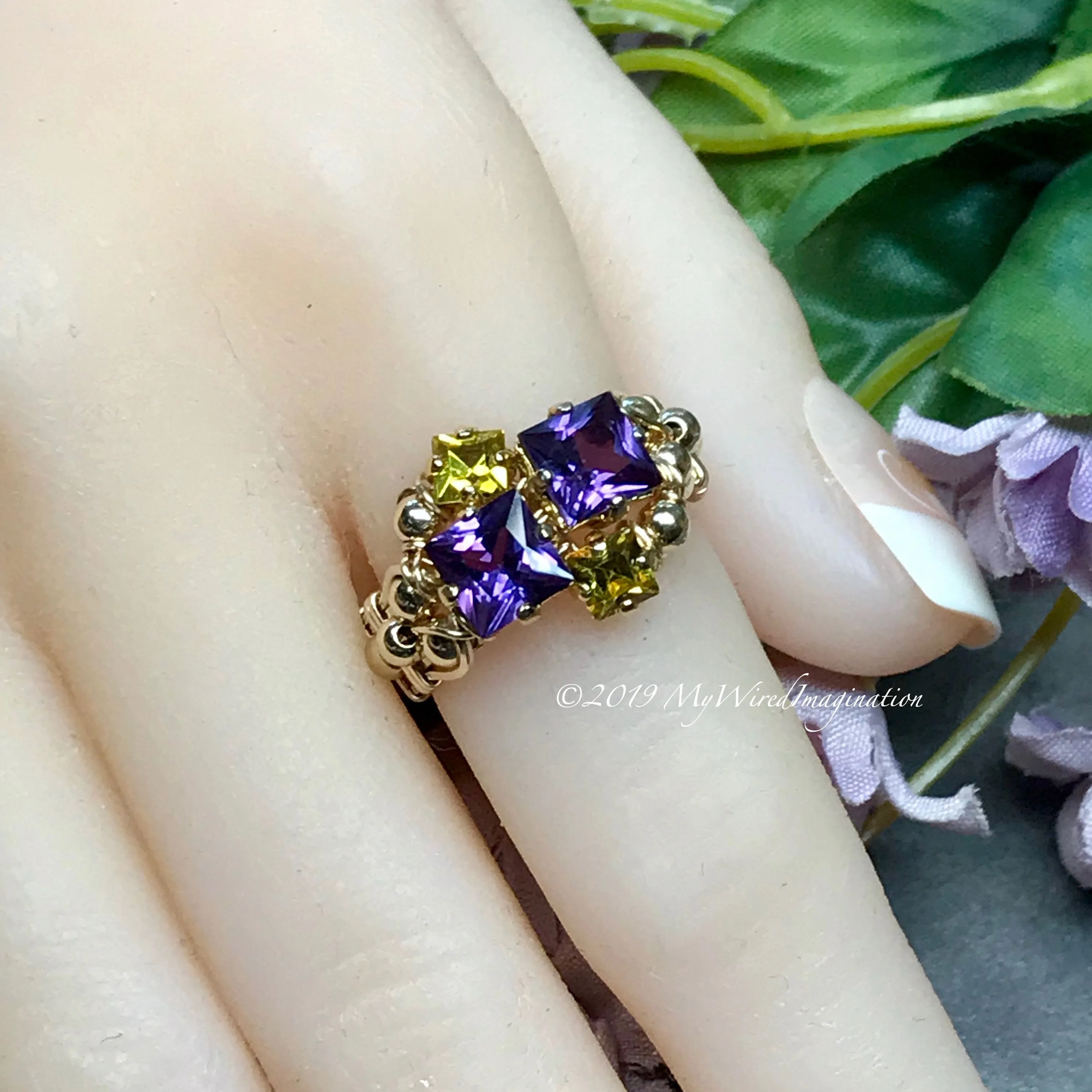 Alexandrite and Lime Squared, Multi-Stone Handmade Ring in 14K GF or Sterling Silver
