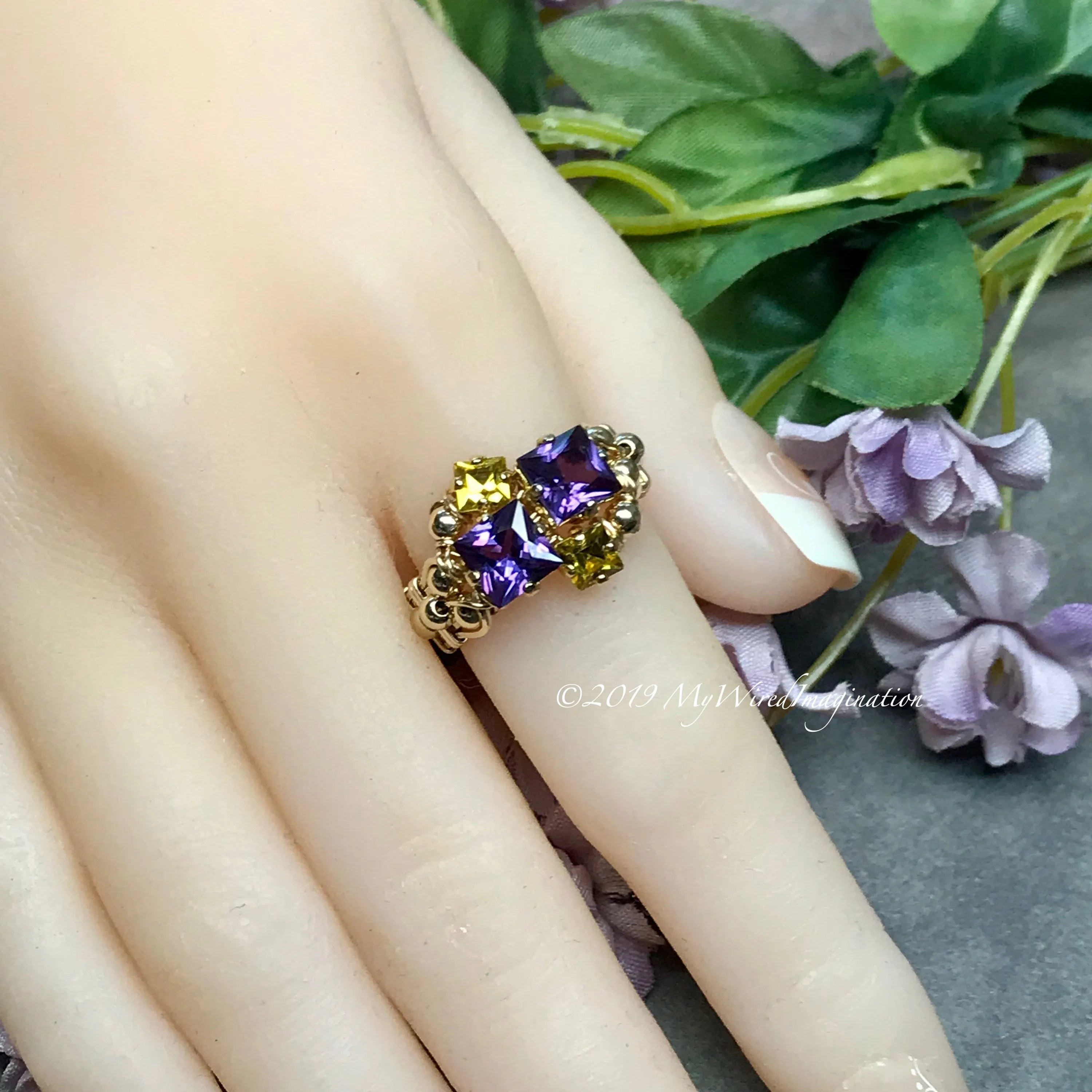 Alexandrite and Lime Squared, Multi-Stone Handmade Ring in 14K GF or Sterling Silver