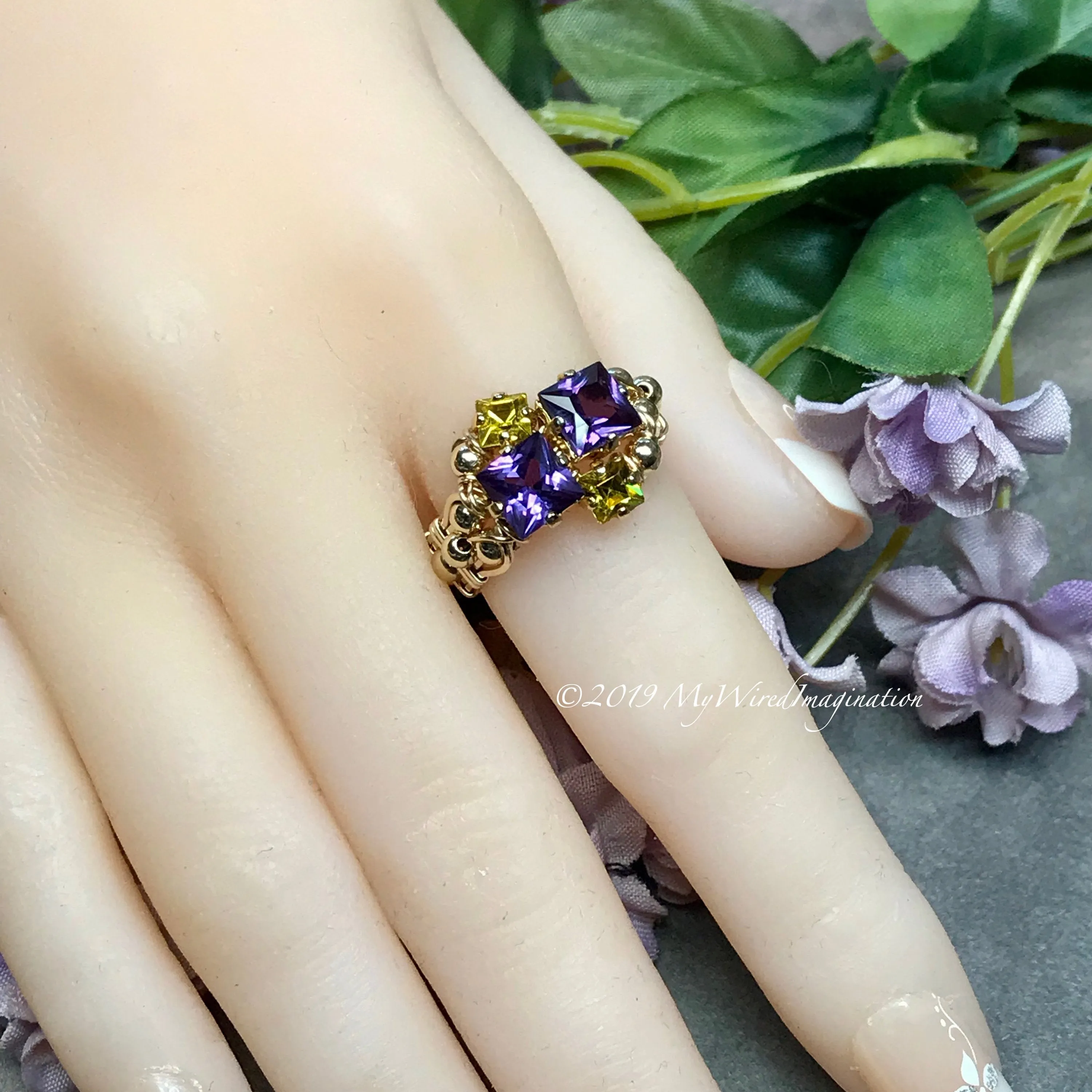 Alexandrite and Lime Squared, Multi-Stone Handmade Ring in 14K GF or Sterling Silver