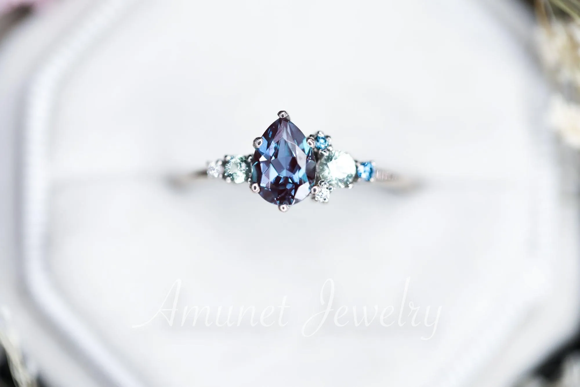 Alexandrite engagement ring,Chatham alexandrite ring,alexandrite cluster ring, unique engagement ring