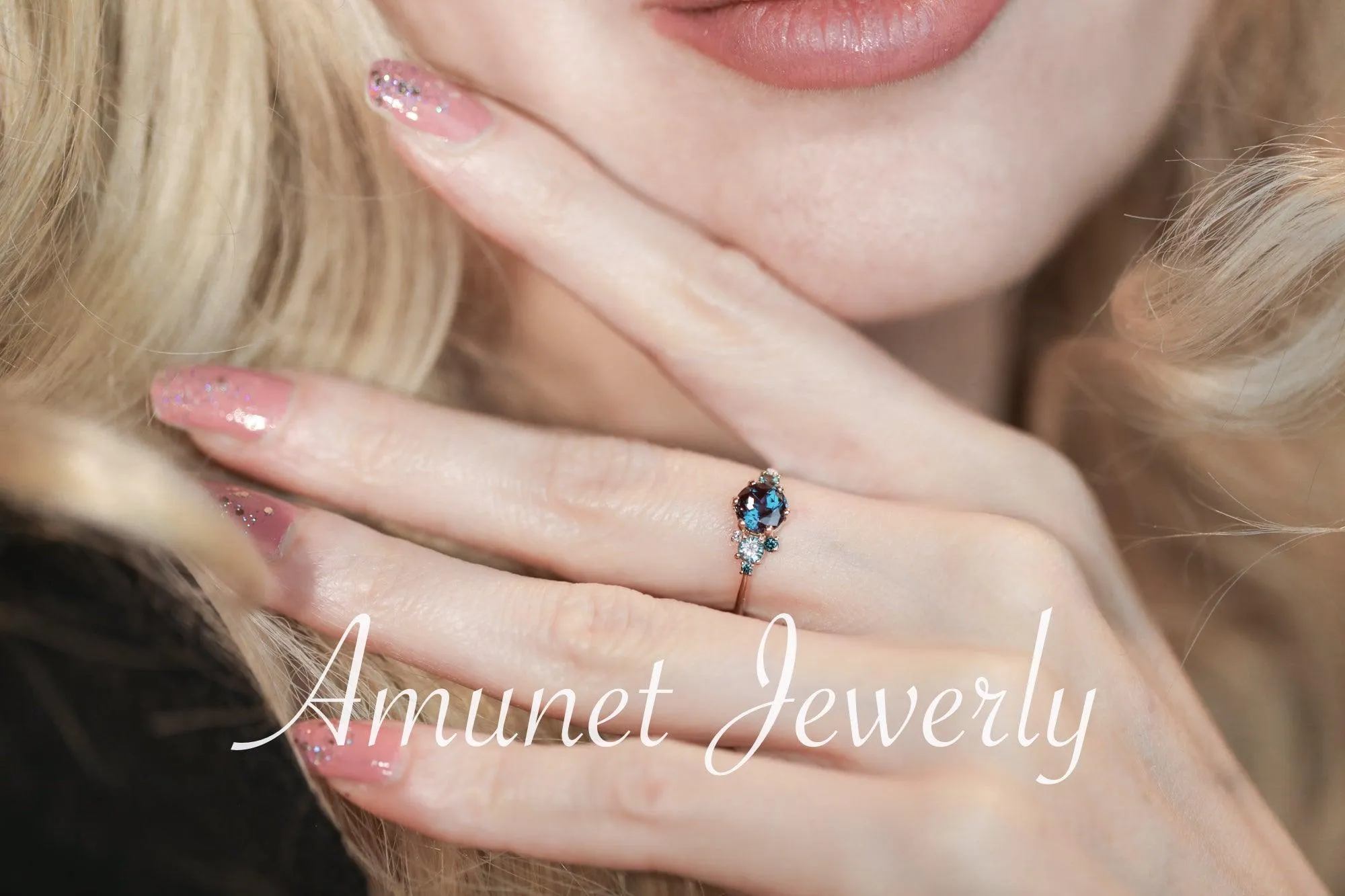 Alexandrite engagement ring,Chatham alexandrite ring,alexandrite cluster ring, unique engagement ring