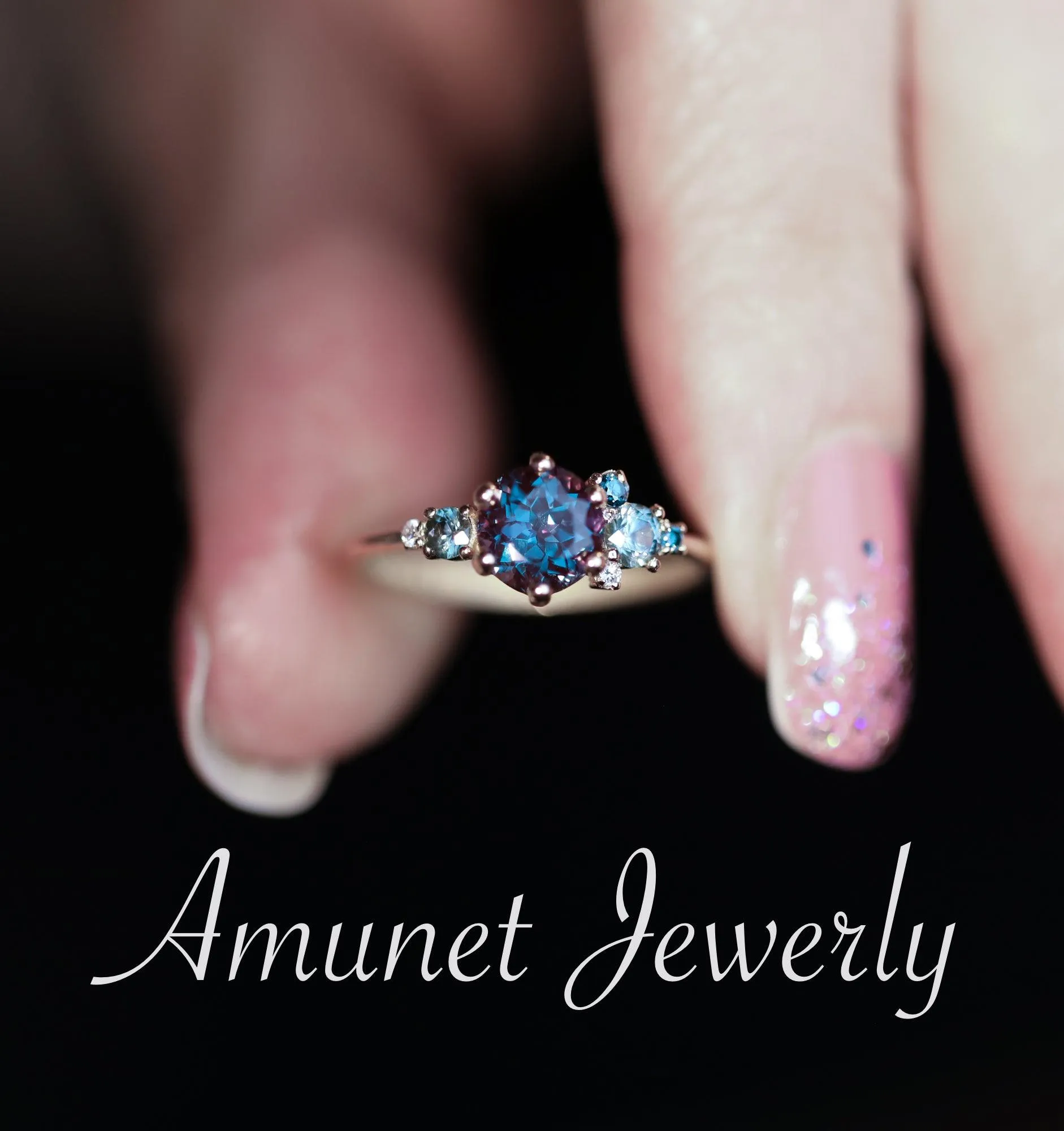 Alexandrite engagement ring,Chatham alexandrite ring,alexandrite cluster ring, unique engagement ring