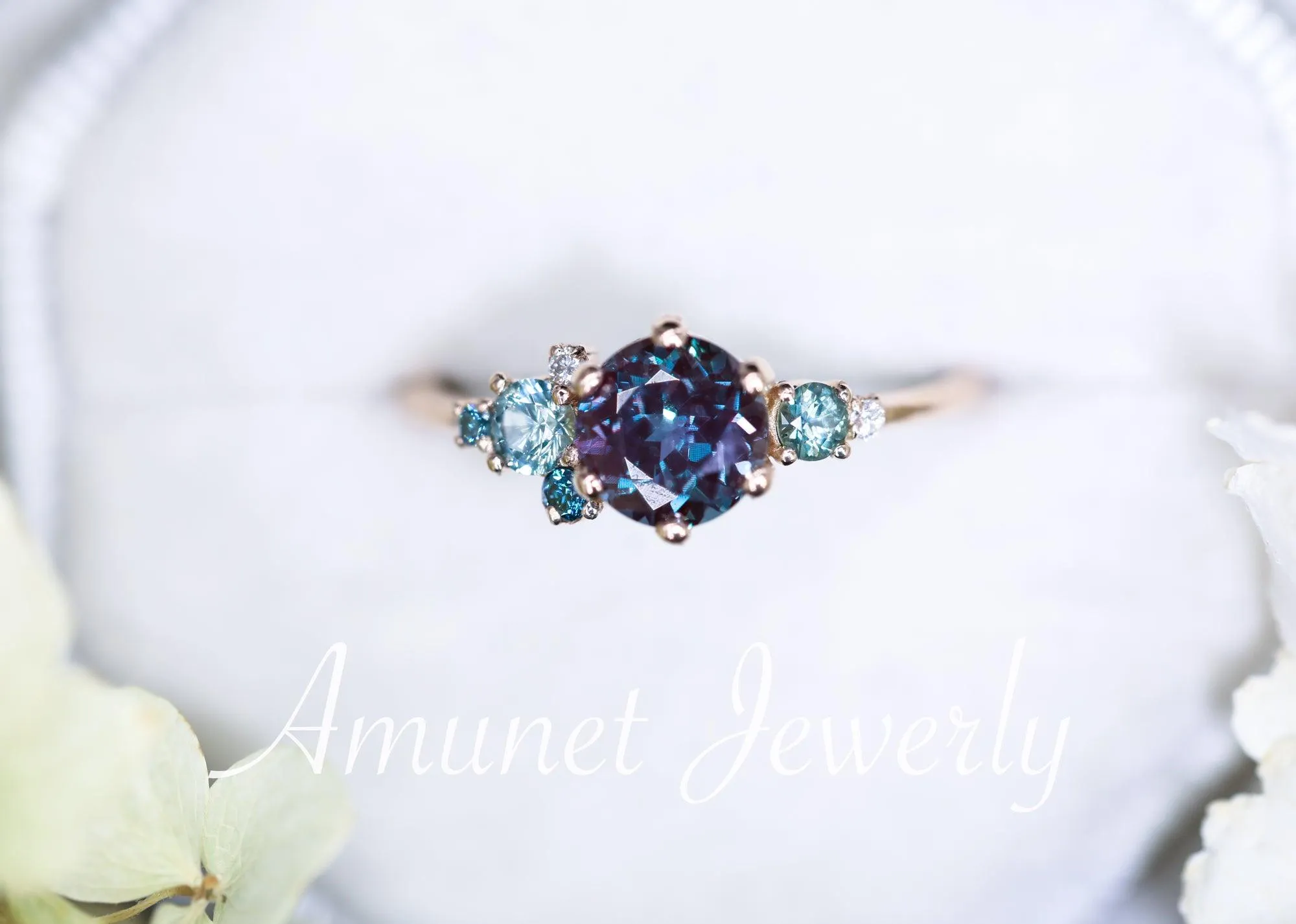Alexandrite engagement ring,Chatham alexandrite ring,alexandrite cluster ring, unique engagement ring
