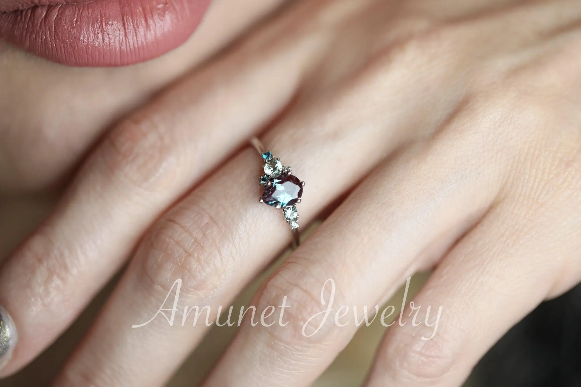 Alexandrite engagement ring,Chatham alexandrite ring,alexandrite cluster ring, unique engagement ring