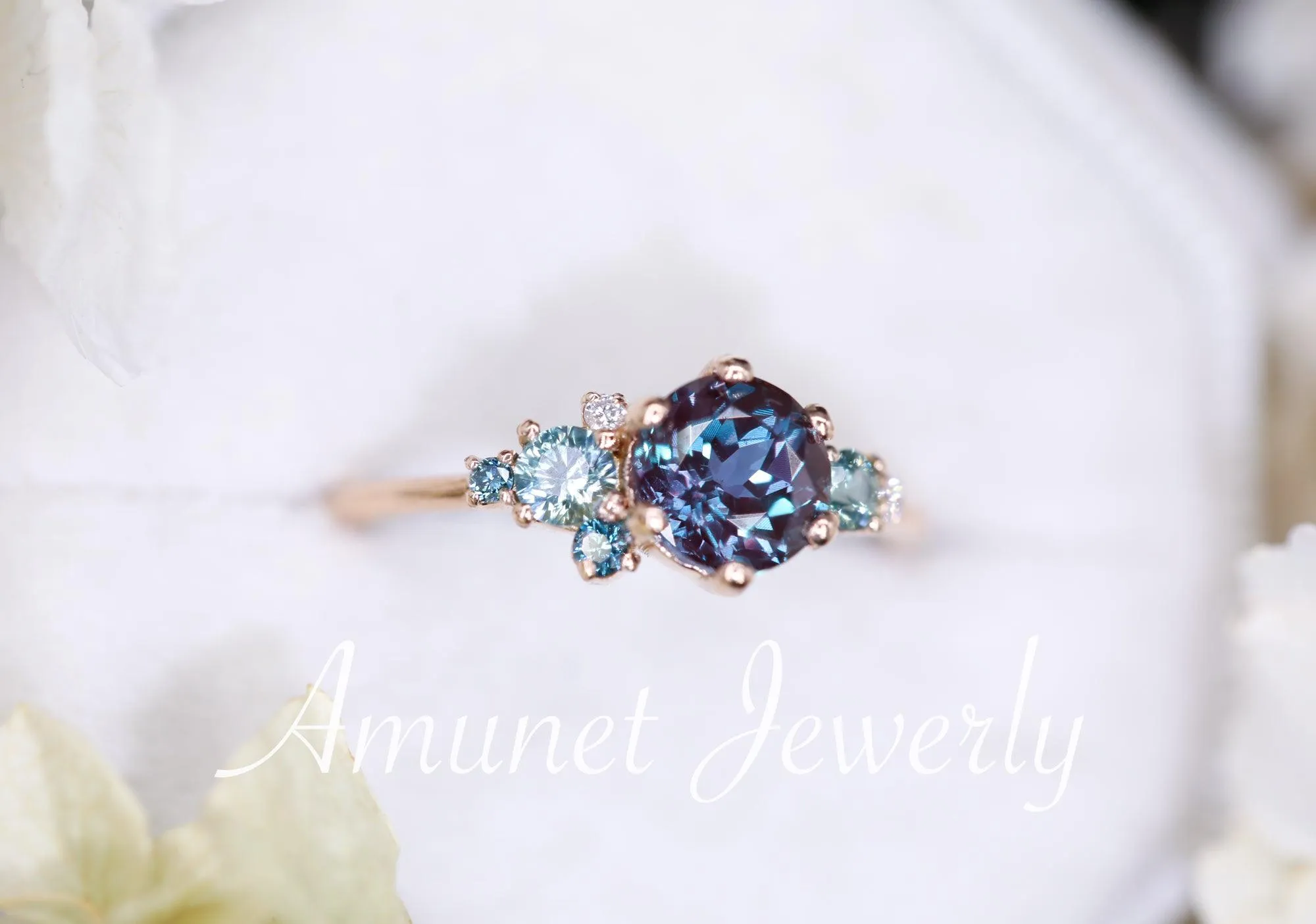 Alexandrite engagement ring,Chatham alexandrite ring,alexandrite cluster ring, unique engagement ring