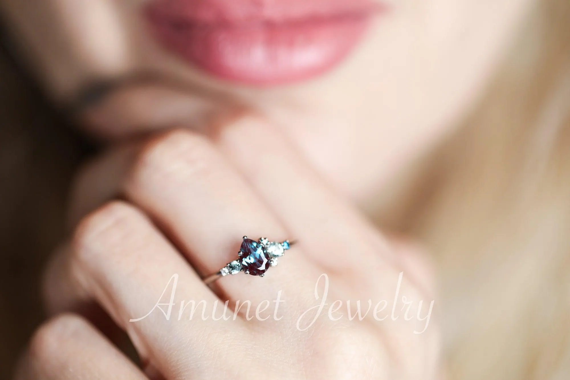 Alexandrite engagement ring,Chatham alexandrite ring,alexandrite cluster ring, unique engagement ring