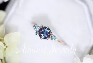 Alexandrite engagement ring,Chatham alexandrite ring,alexandrite cluster ring, unique engagement ring
