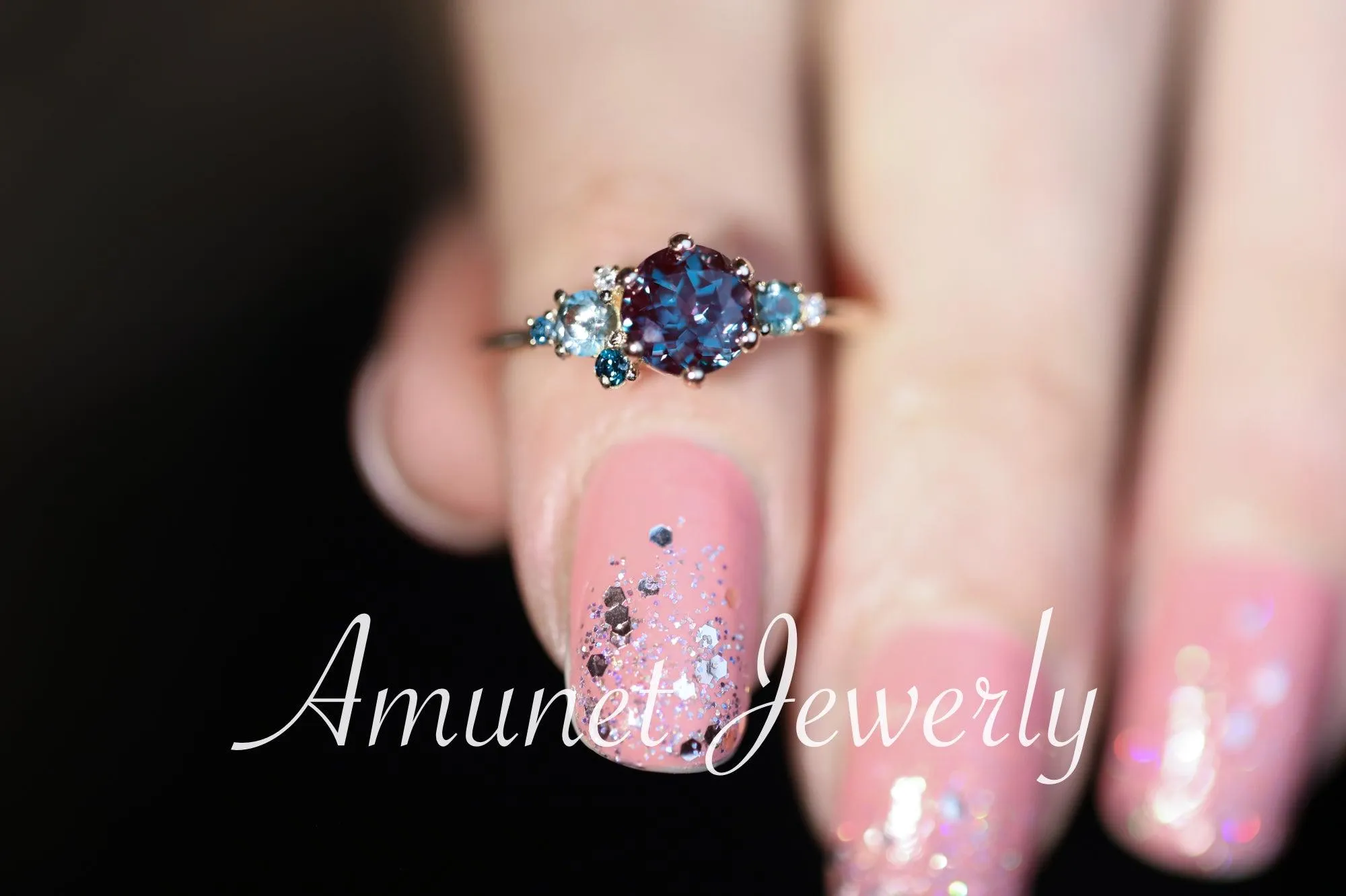 Alexandrite engagement ring,Chatham alexandrite ring,alexandrite cluster ring, unique engagement ring