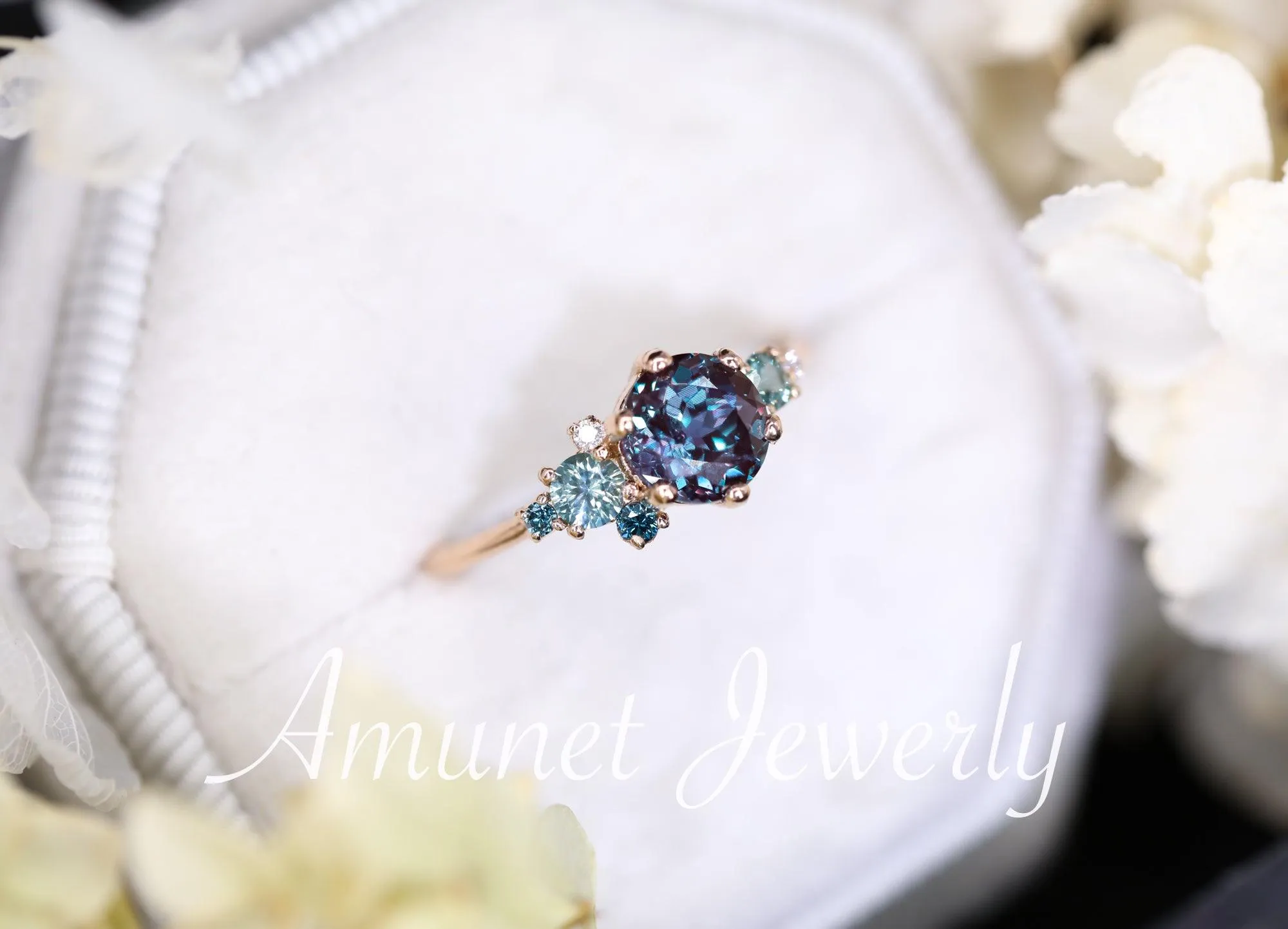 Alexandrite engagement ring,Chatham alexandrite ring,alexandrite cluster ring, unique engagement ring
