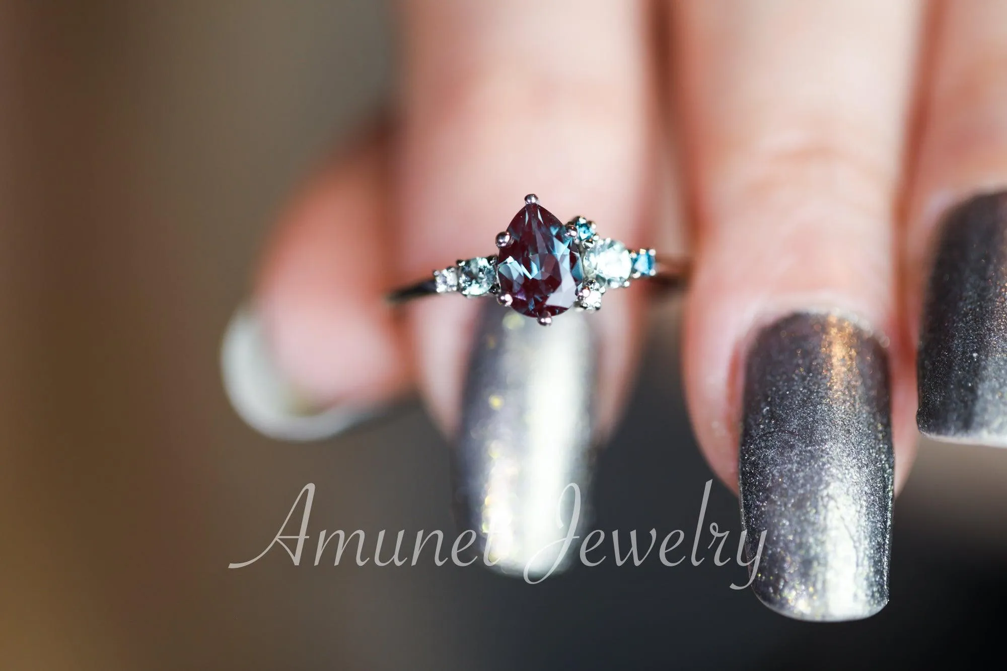 Alexandrite engagement ring,Chatham alexandrite ring,alexandrite cluster ring, unique engagement ring