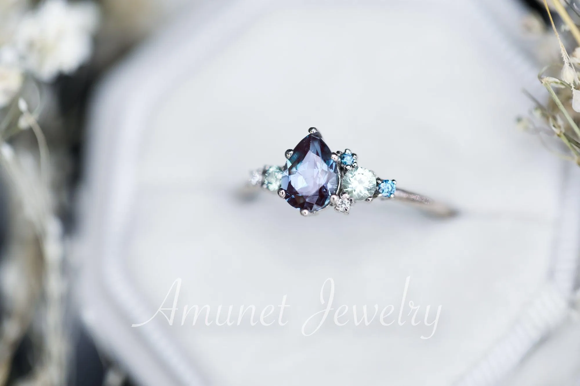 Alexandrite engagement ring,Chatham alexandrite ring,alexandrite cluster ring, unique engagement ring