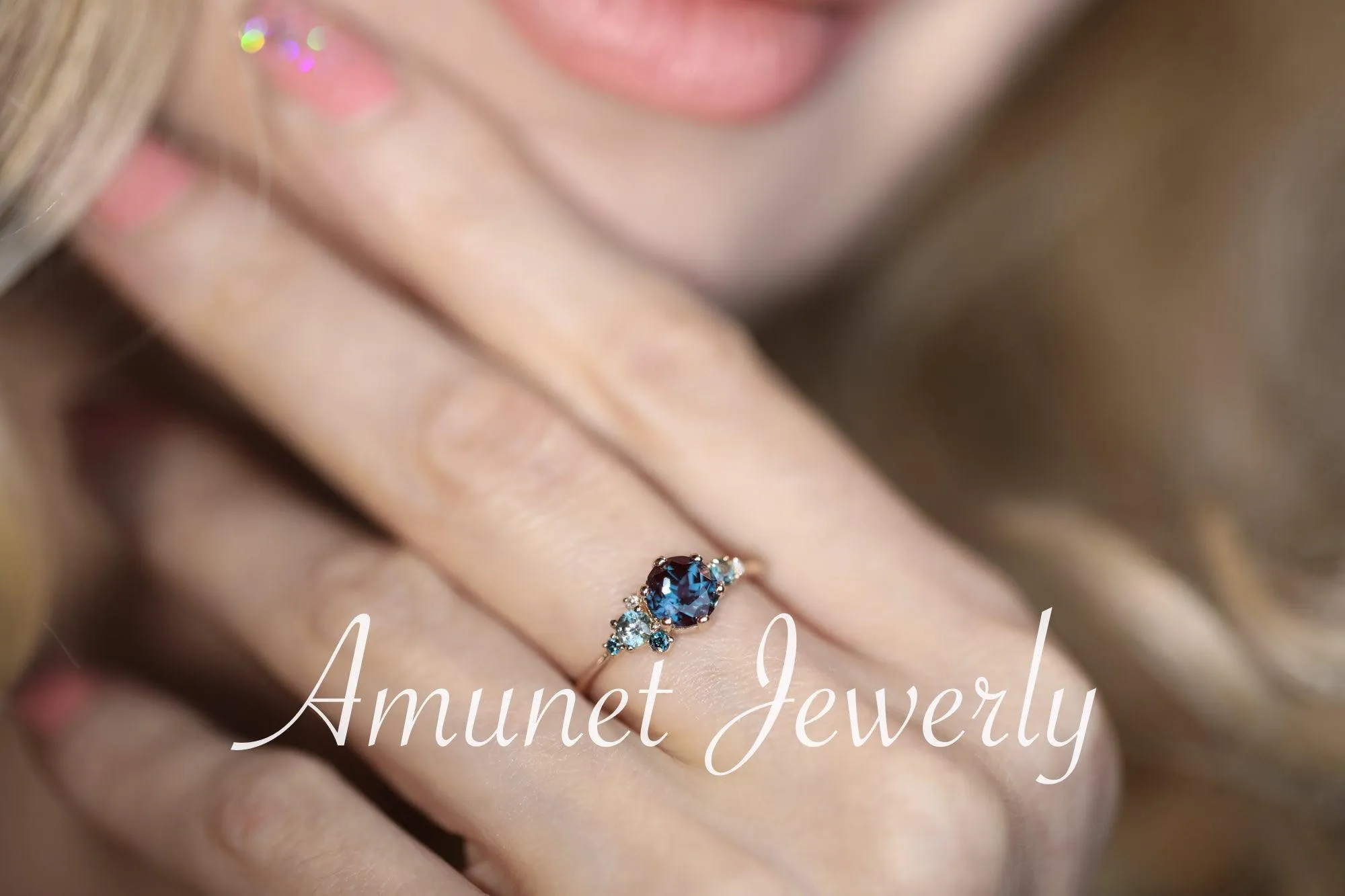 Alexandrite engagement ring,Chatham alexandrite ring,alexandrite cluster ring, unique engagement ring