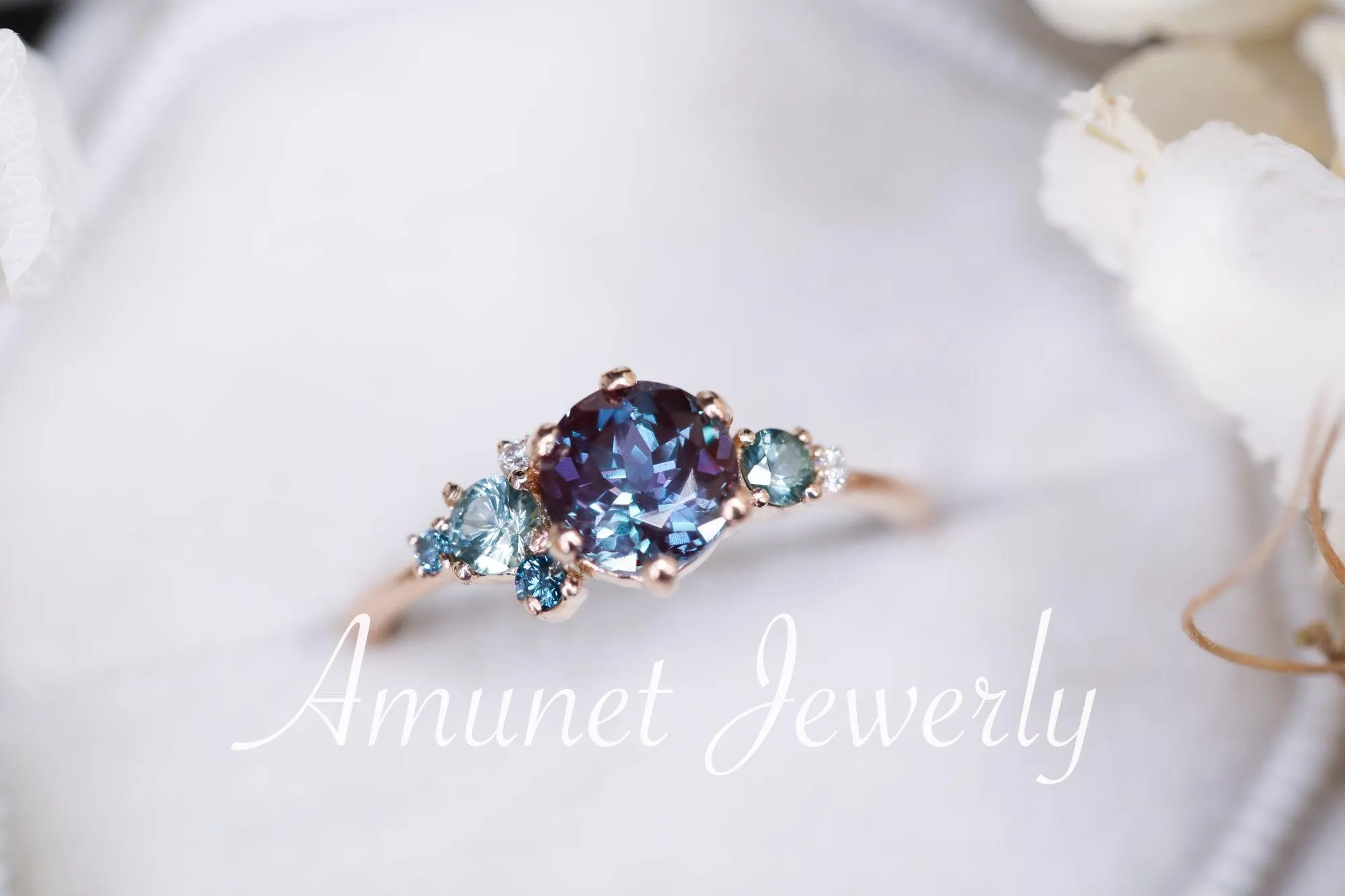 Alexandrite engagement ring,Chatham alexandrite ring,alexandrite cluster ring, unique engagement ring
