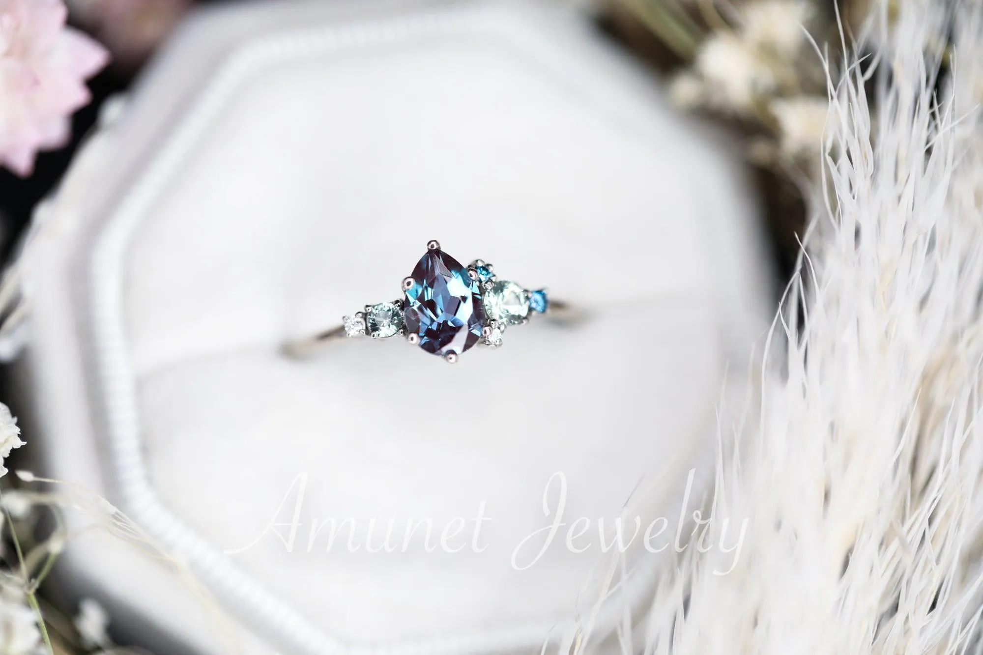 Alexandrite engagement ring,Chatham alexandrite ring,alexandrite cluster ring, unique engagement ring