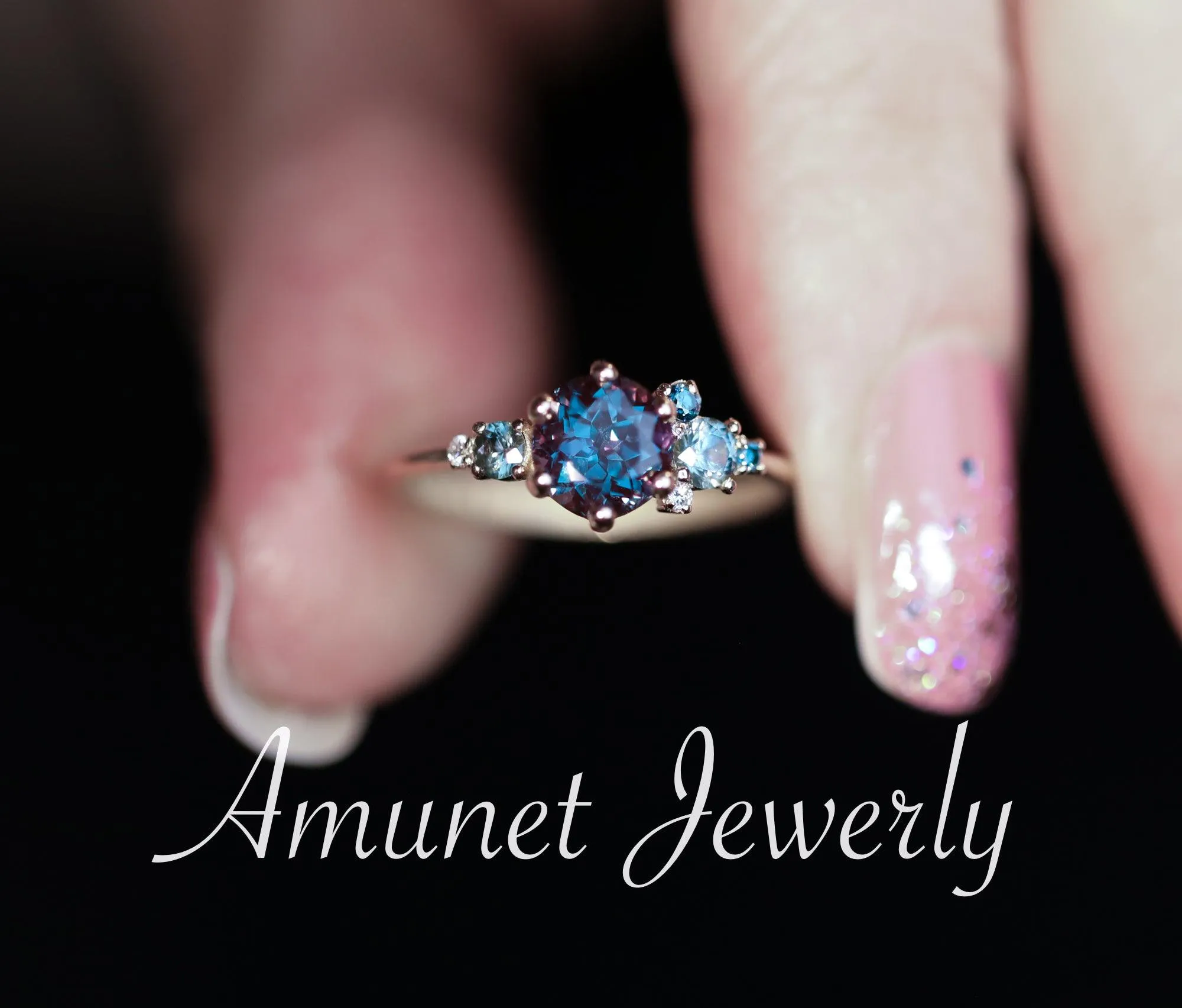 Alexandrite engagement ring,Chatham alexandrite ring,alexandrite cluster ring, unique engagement ring
