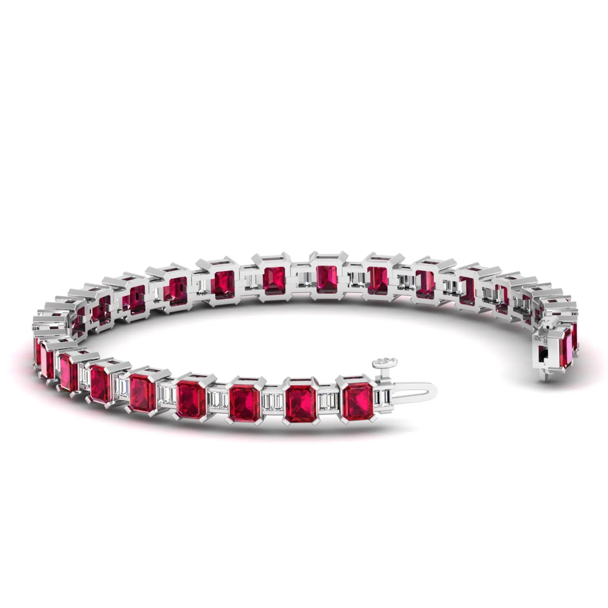 Alternating Emerald Cut Ruby and Baguette Diamond Tennis Bracelet