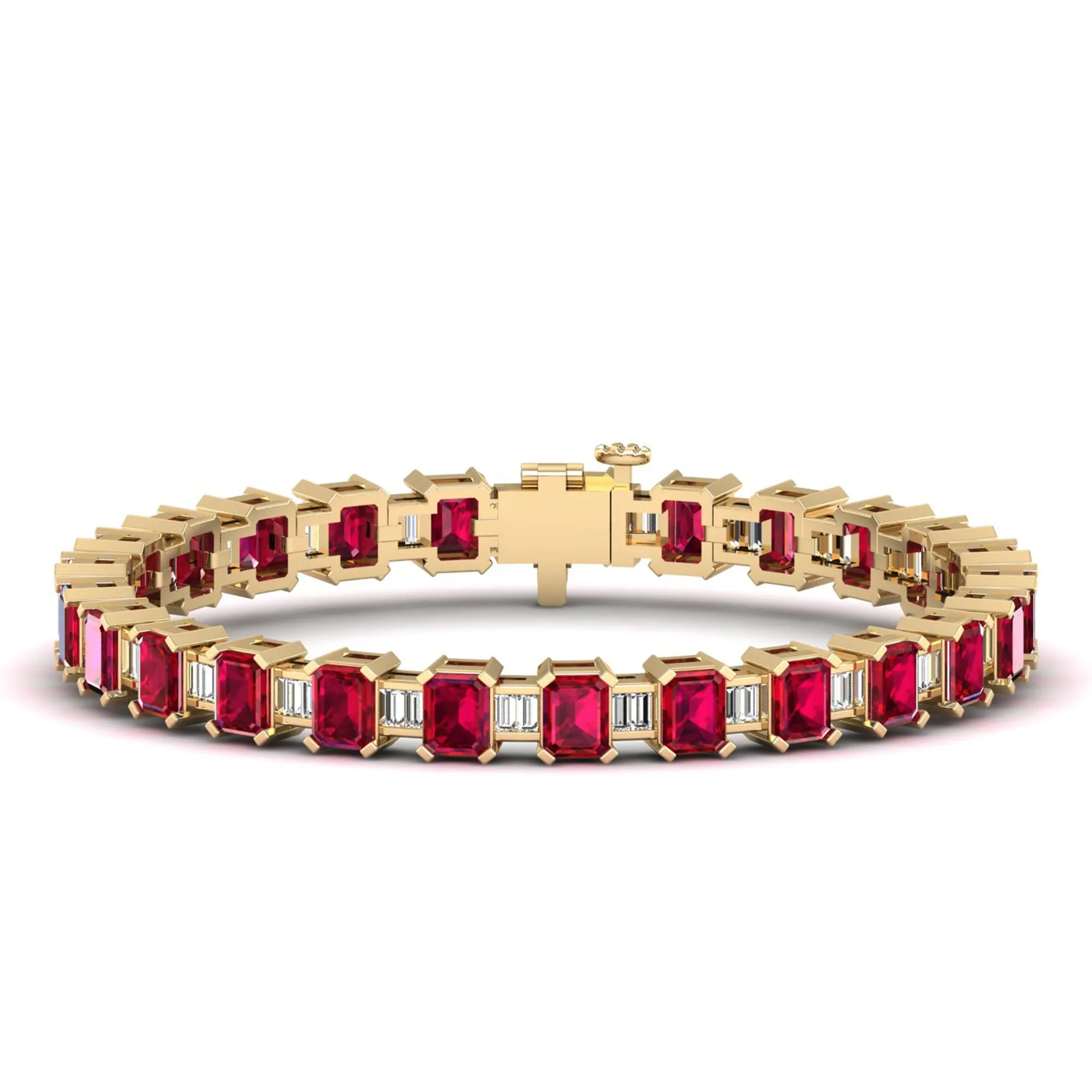 Alternating Emerald Cut Ruby and Baguette Diamond Tennis Bracelet