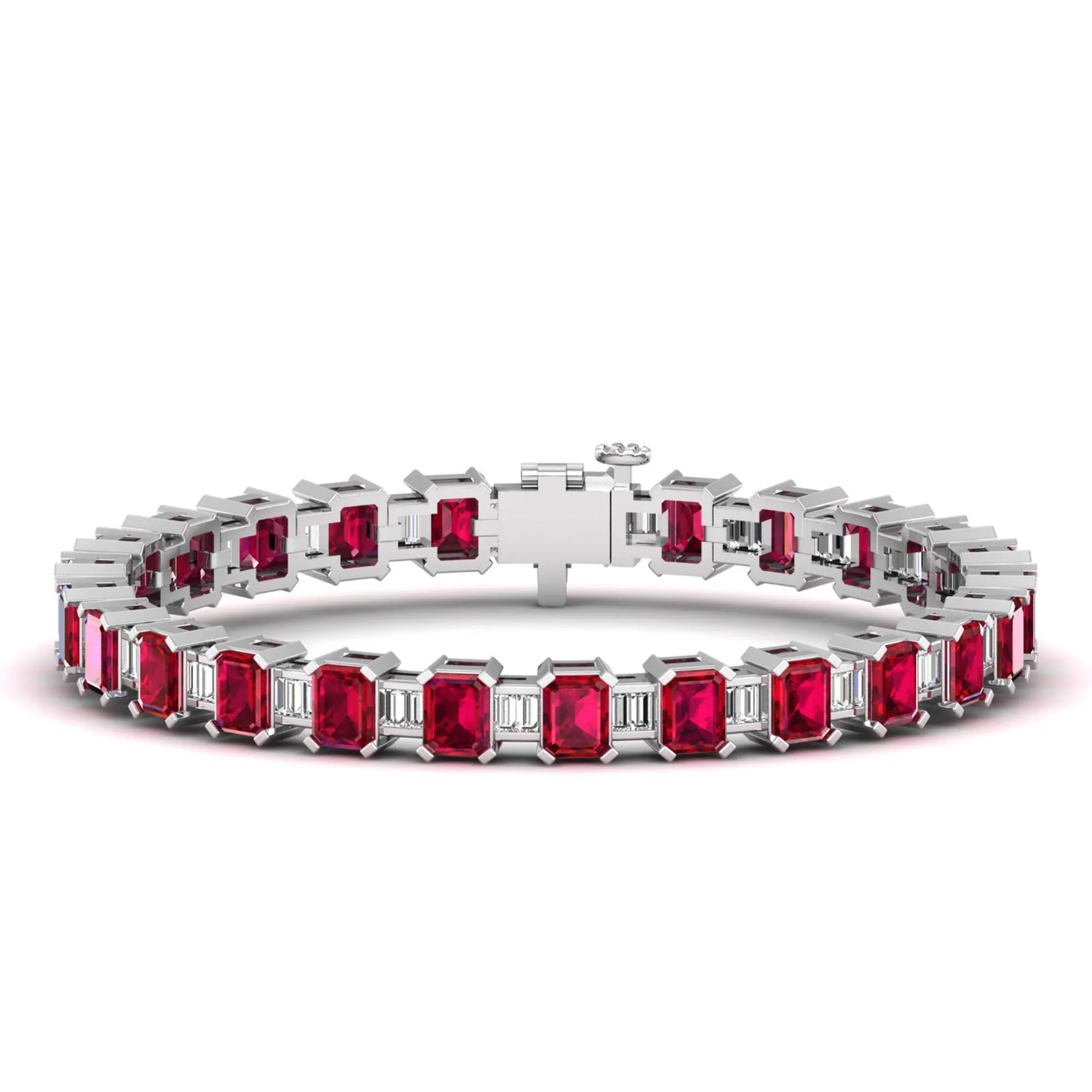 Alternating Emerald Cut Ruby and Baguette Diamond Tennis Bracelet