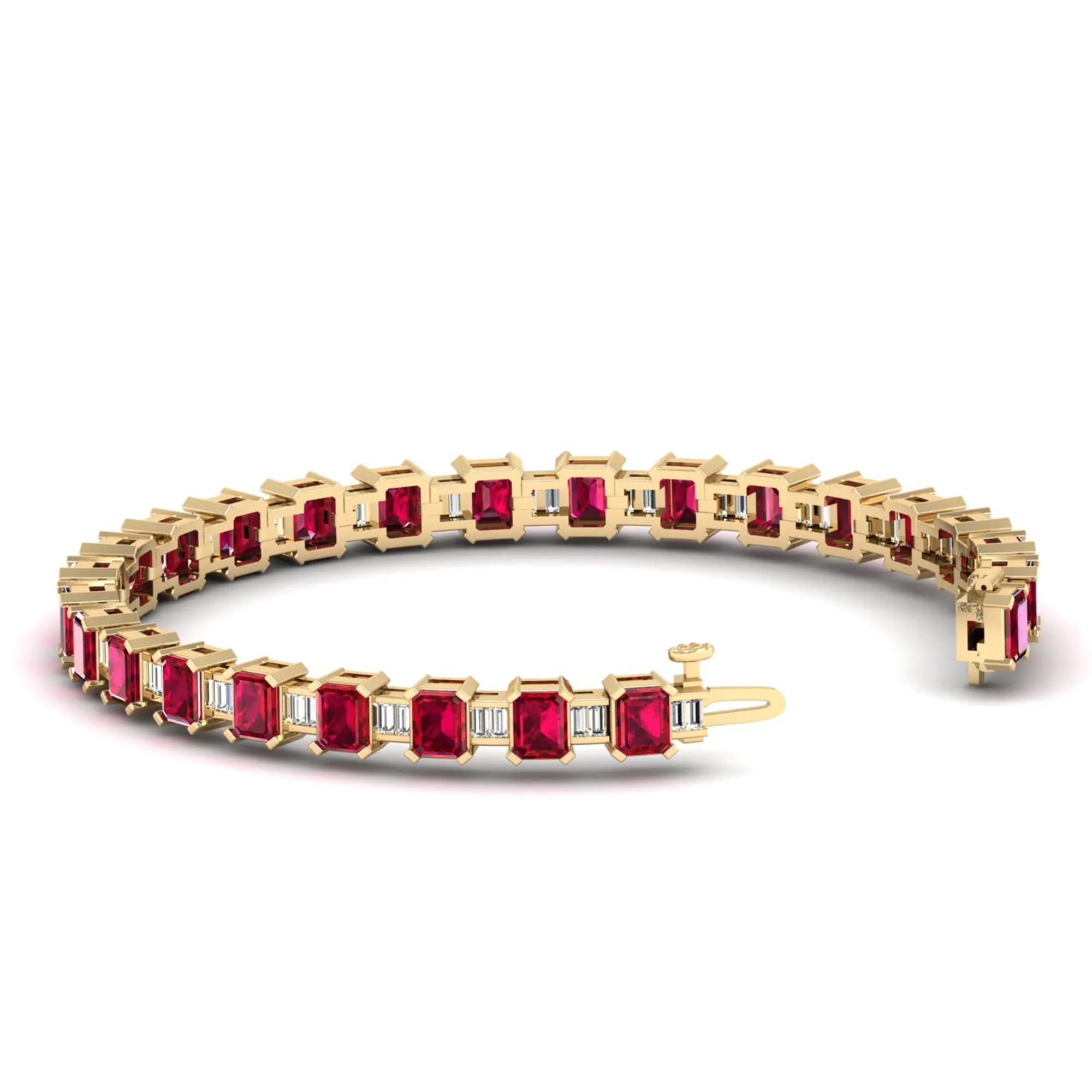 Alternating Emerald Cut Ruby and Baguette Diamond Tennis Bracelet