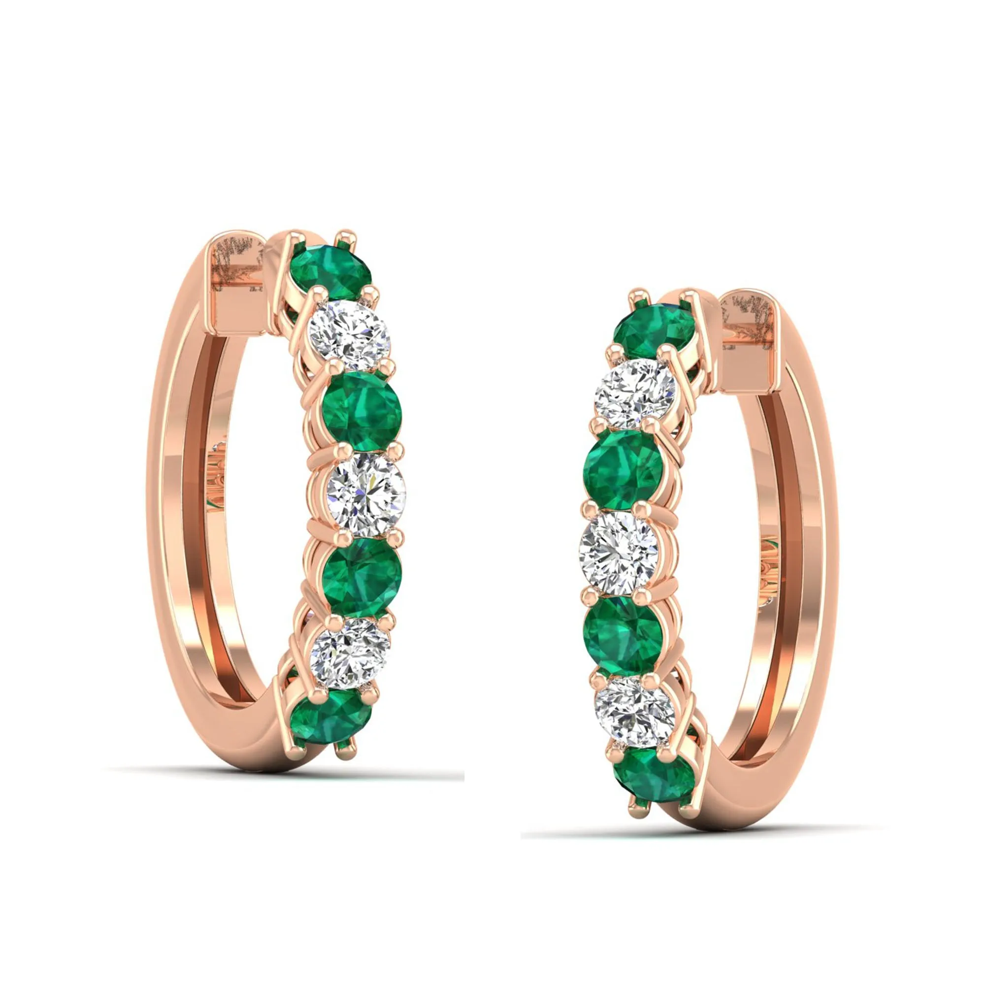 Alternating Prong Set Emerald and Diamond Hoops