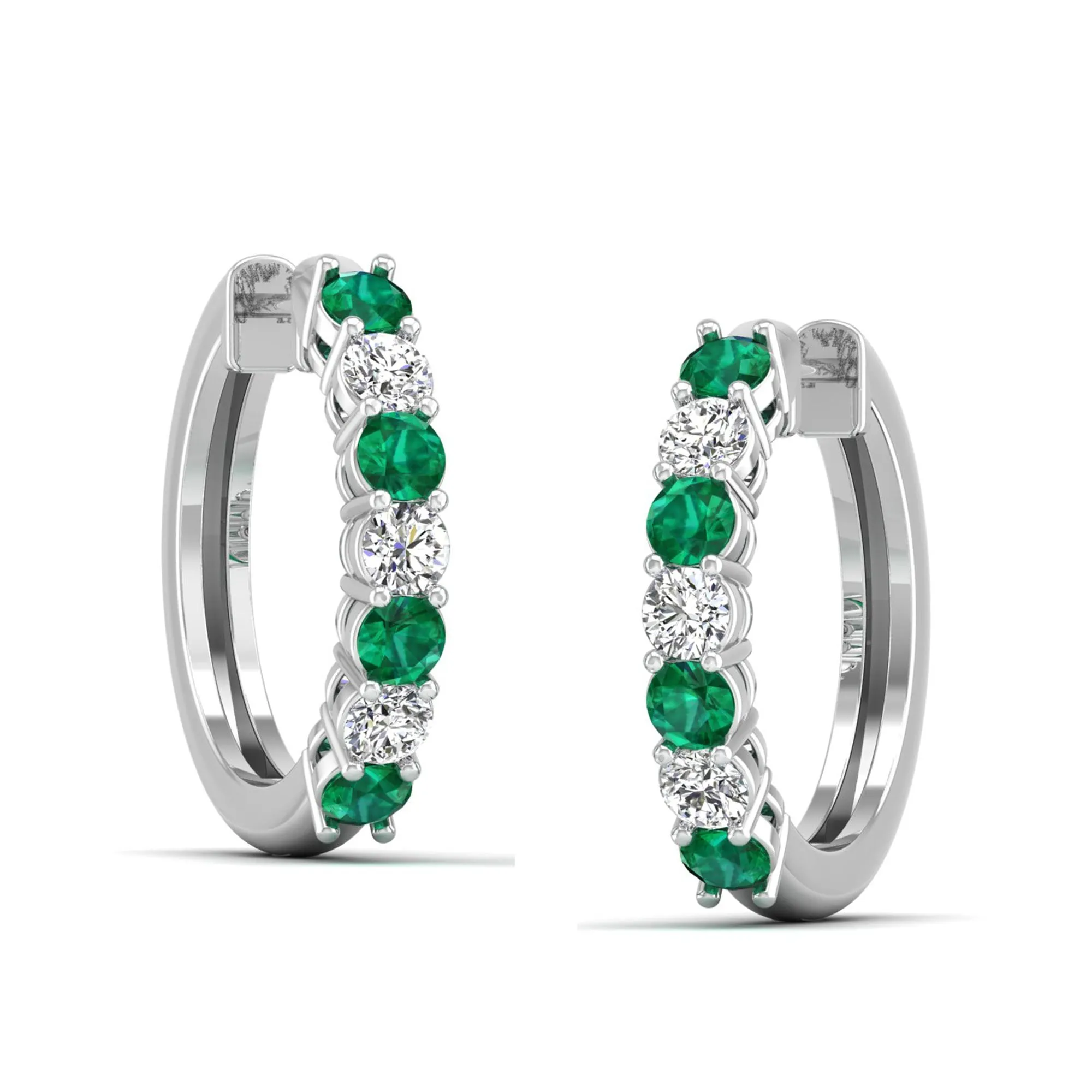 Alternating Prong Set Emerald and Diamond Hoops