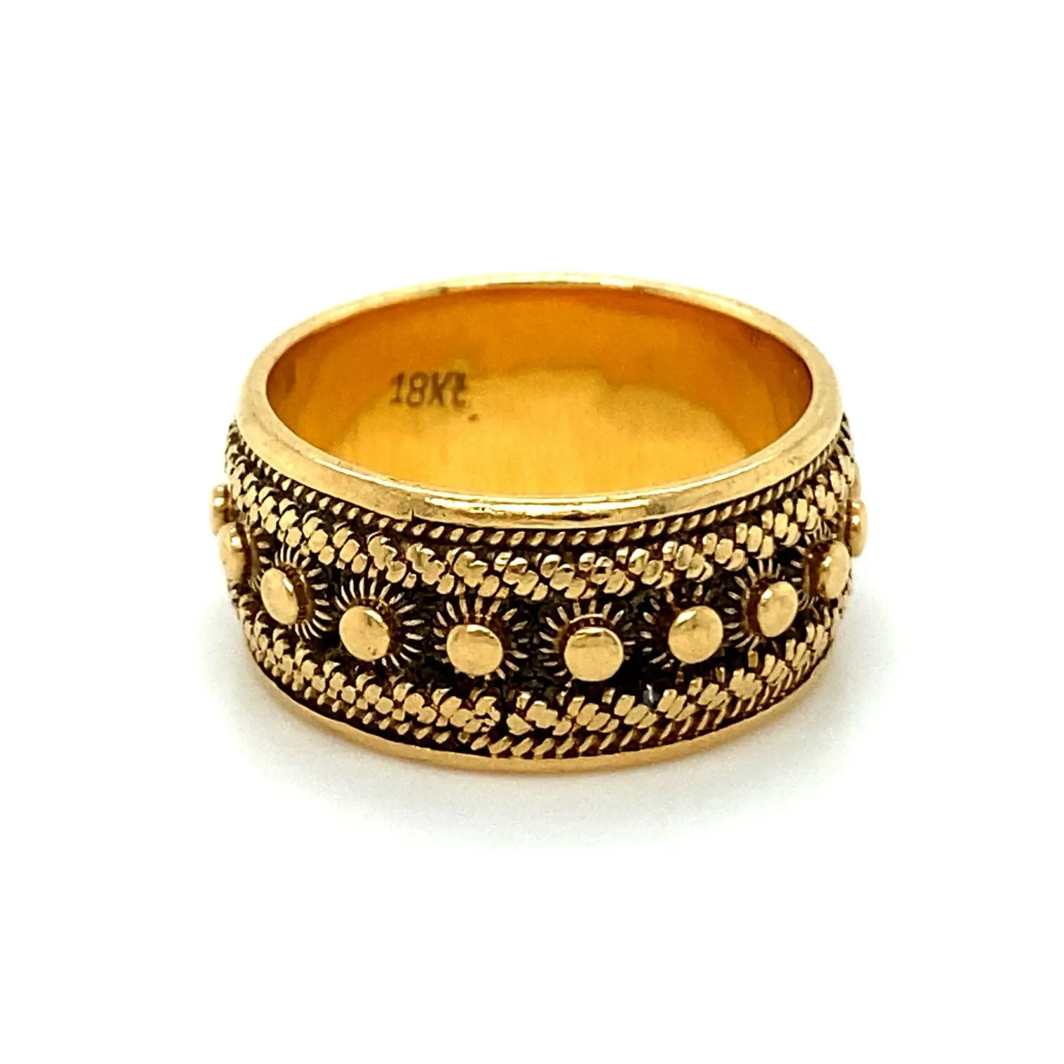 Amazing Vintage Sun Patterned 18K Yellow Gold Wide Wedding Band.