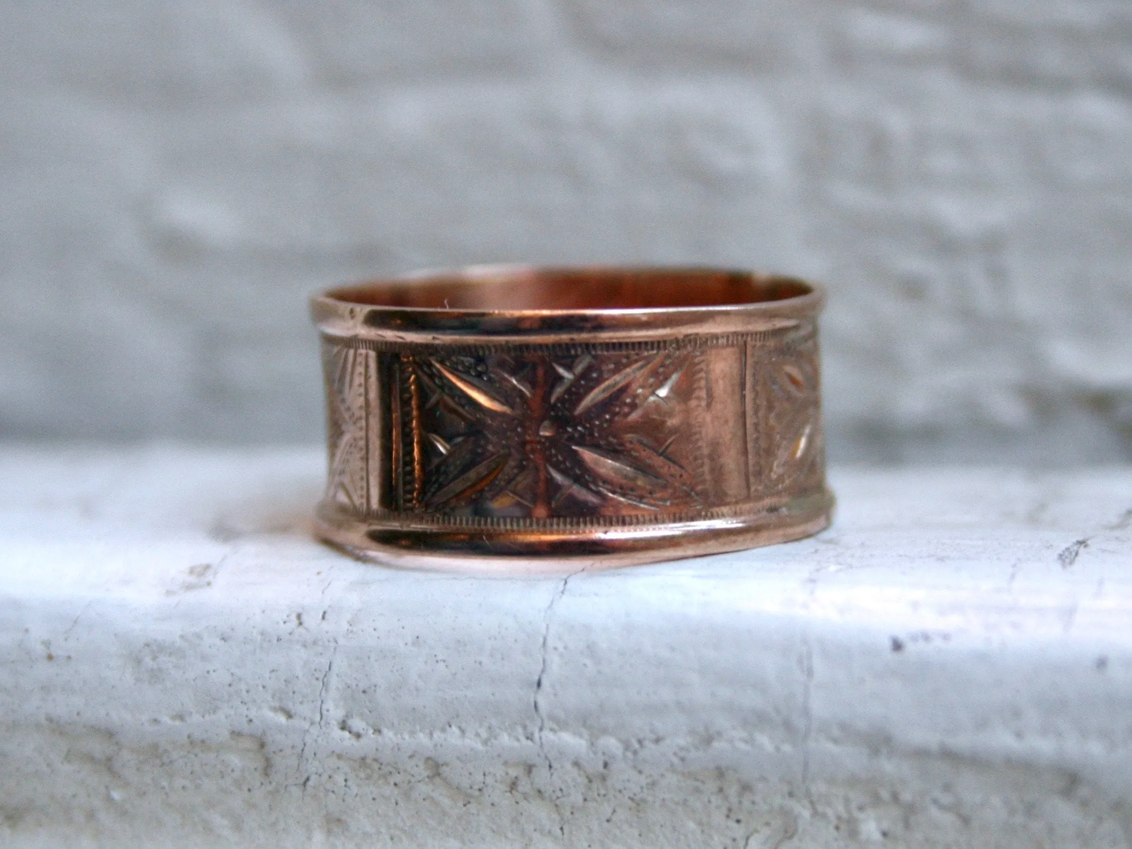 Antique 10K Rose Gold Engraved Wedding Band.