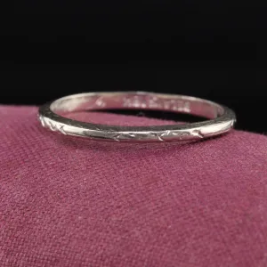Antique Art Deco 18K White Gold Belais Engraved Wedding Band - Size 8 1/2