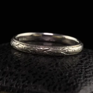Antique Art Deco 18K White Gold Engraved Wedding Band - Size 5
