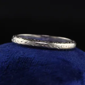 Antique Art Deco 18K White Gold Engraved Wedding Band - Size 6