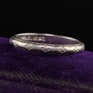Antique Art Deco 18K White Gold Engraved Wedding Band - Size 7