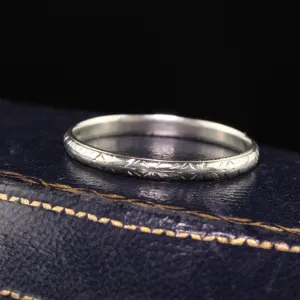 Antique Art Deco 18K White Gold Engraved Wedding Band - Size 9 1/2