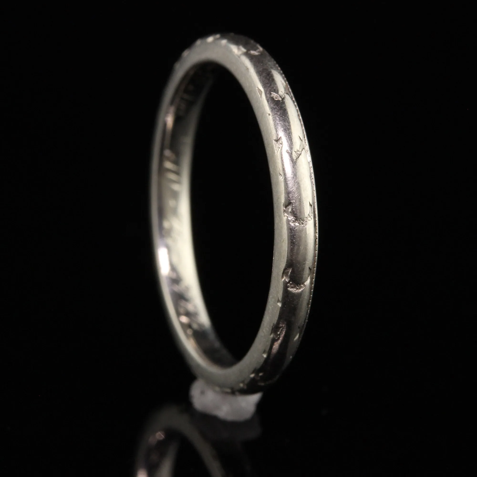 Antique Art Deco 18K White Gold Orange Blossom Engraved Wedding Band