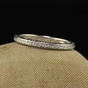 Antique Art Deco 18K White Gold Priscilla Engraved Wedding Band - Size 6 3/4