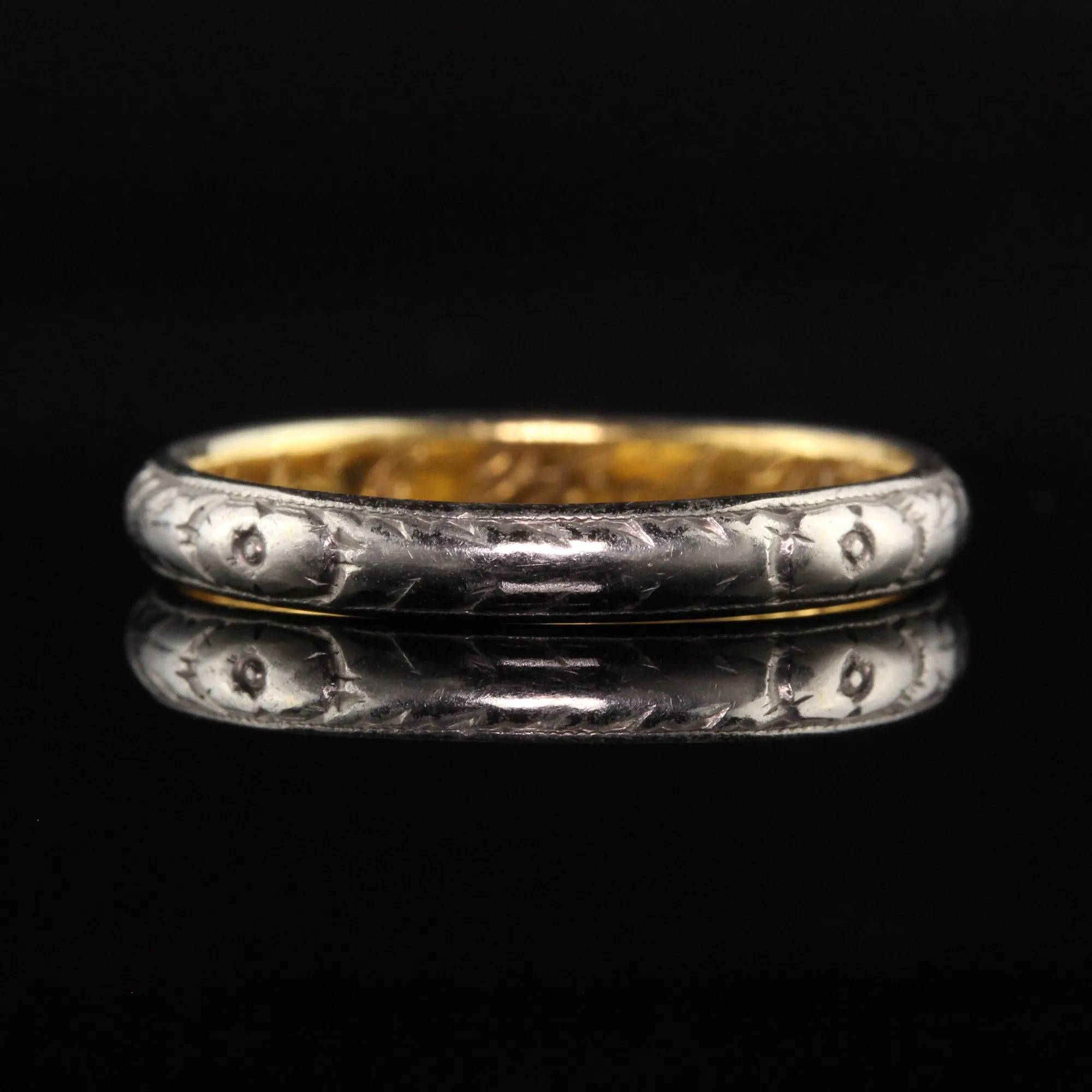 Antique Art Deco 22K Yellow Gold Platinum Engraved Wedding Band