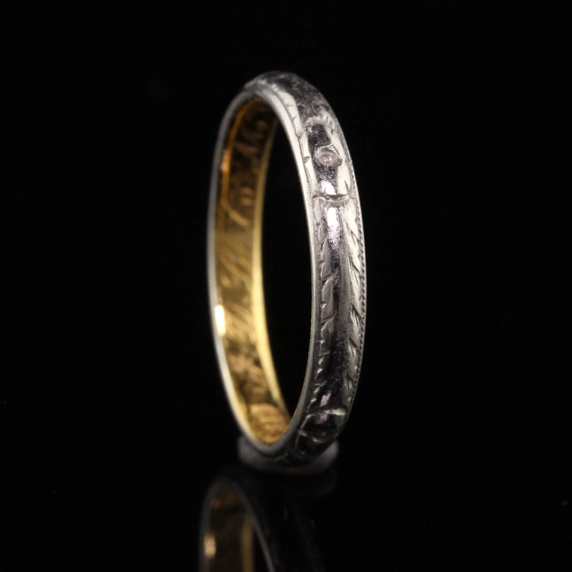 Antique Art Deco 22K Yellow Gold Platinum Engraved Wedding Band